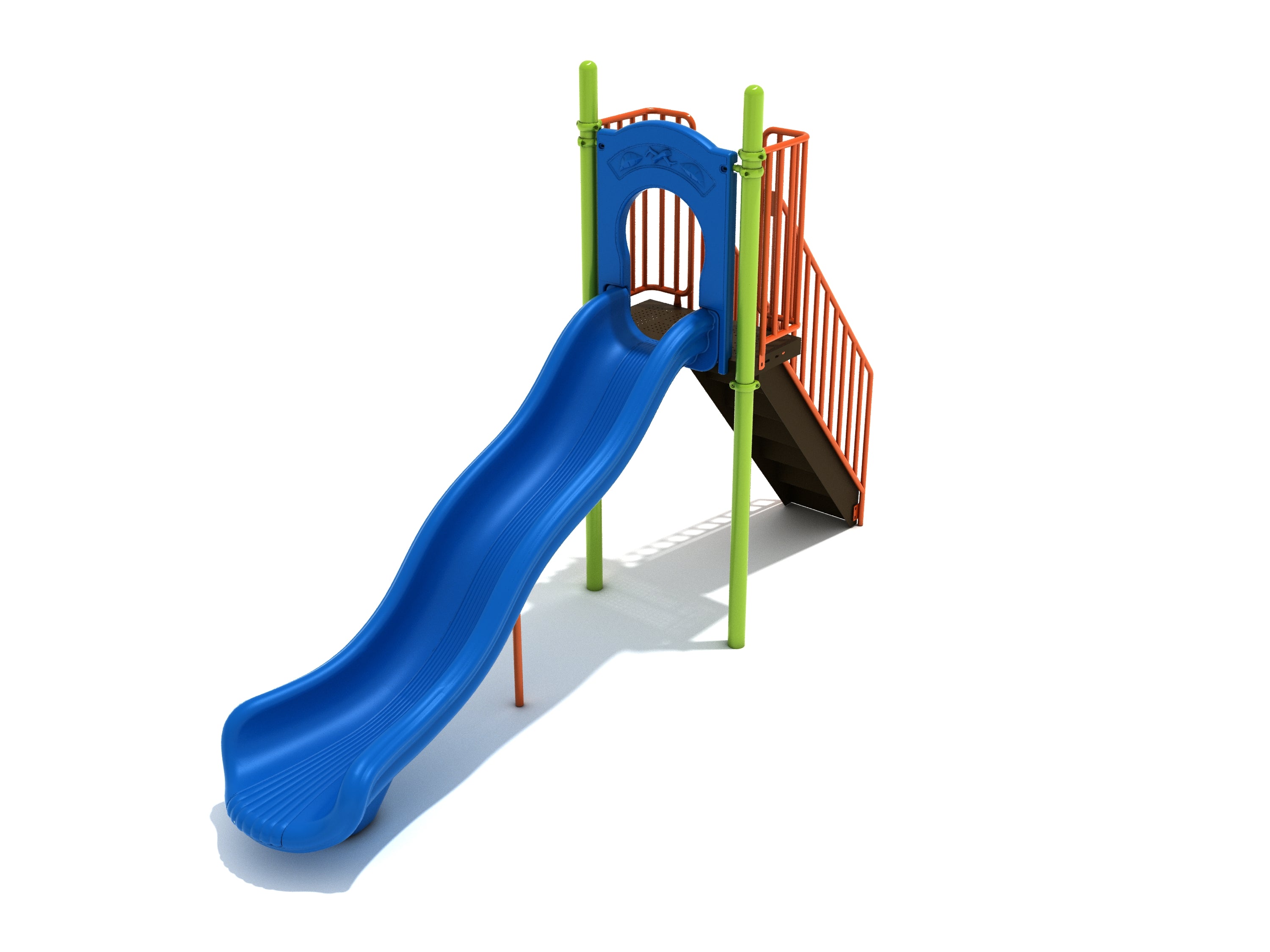 Straight Single Wave Slide with blue wavy chute, green posts, orange rails, and stairs with handrails for playground use