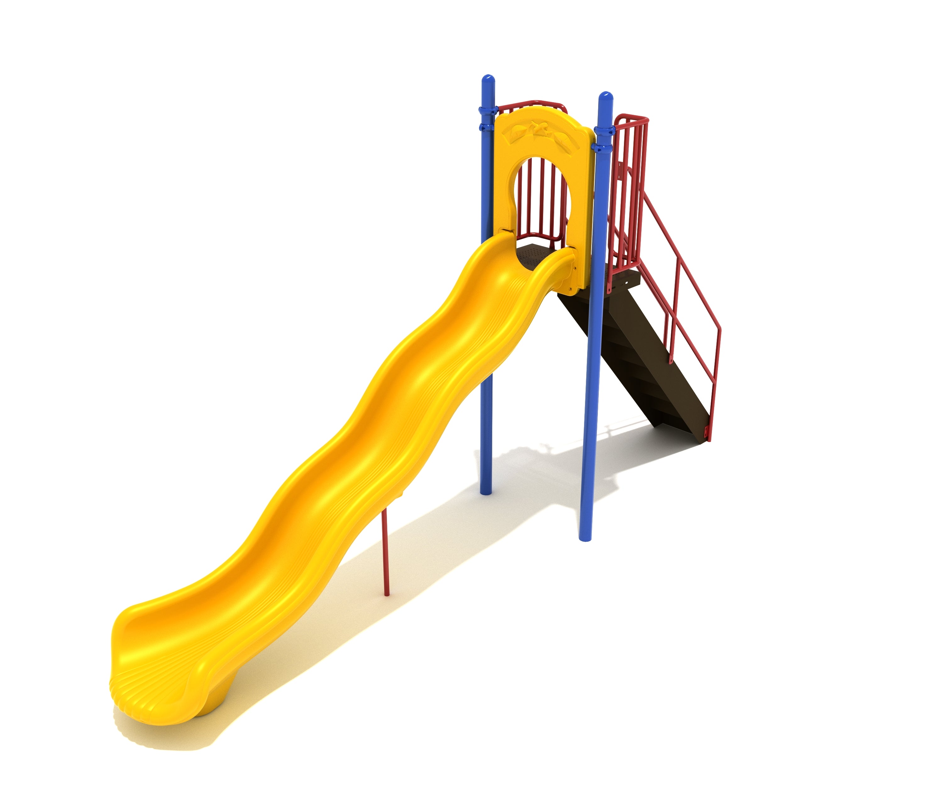 Bright yellow single wave playground slide with red handrails, blue support posts, black stairs, freestanding design