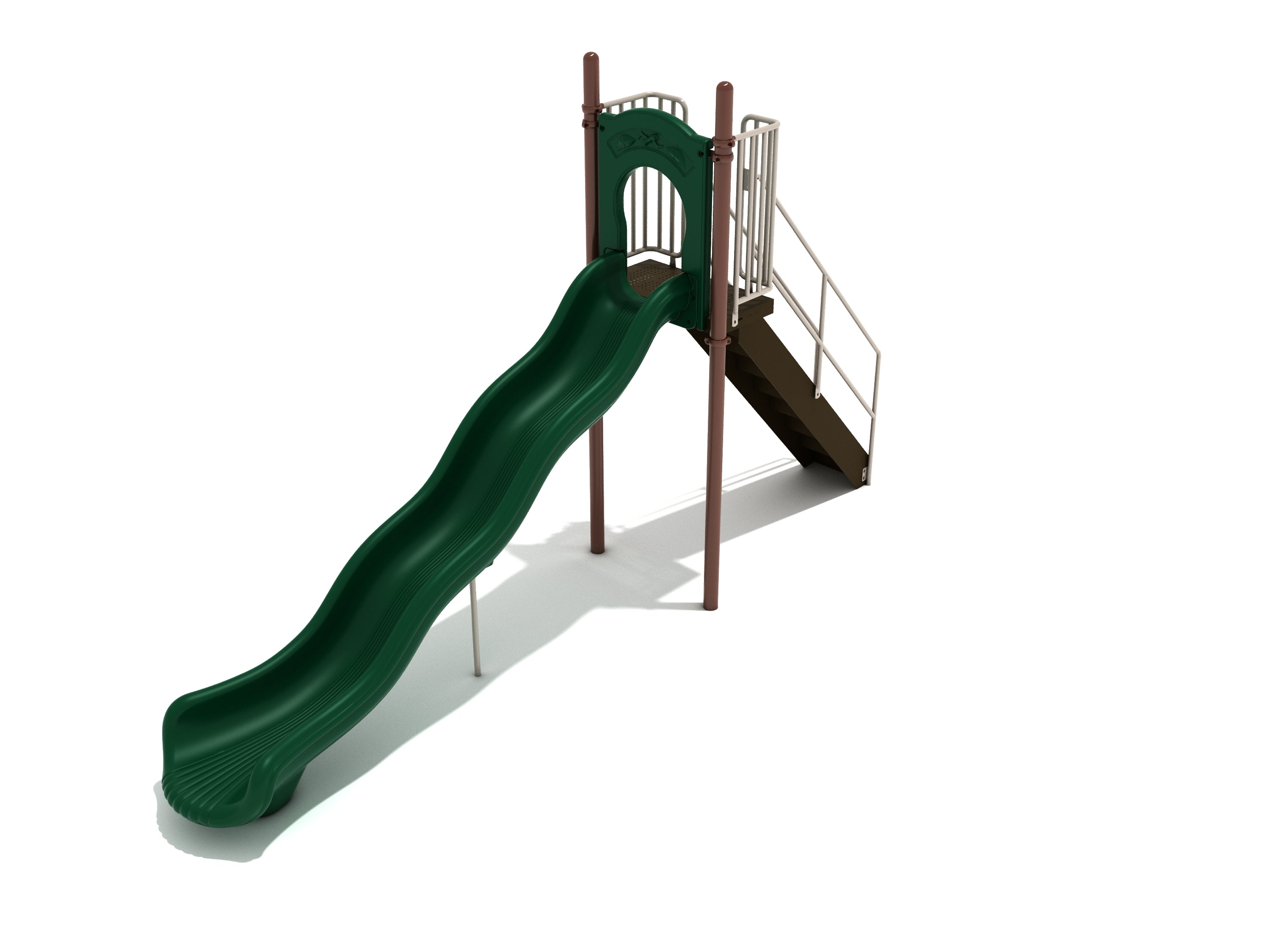 Freestanding playground slide with green wave chute, brown support posts, and beige stair handrails