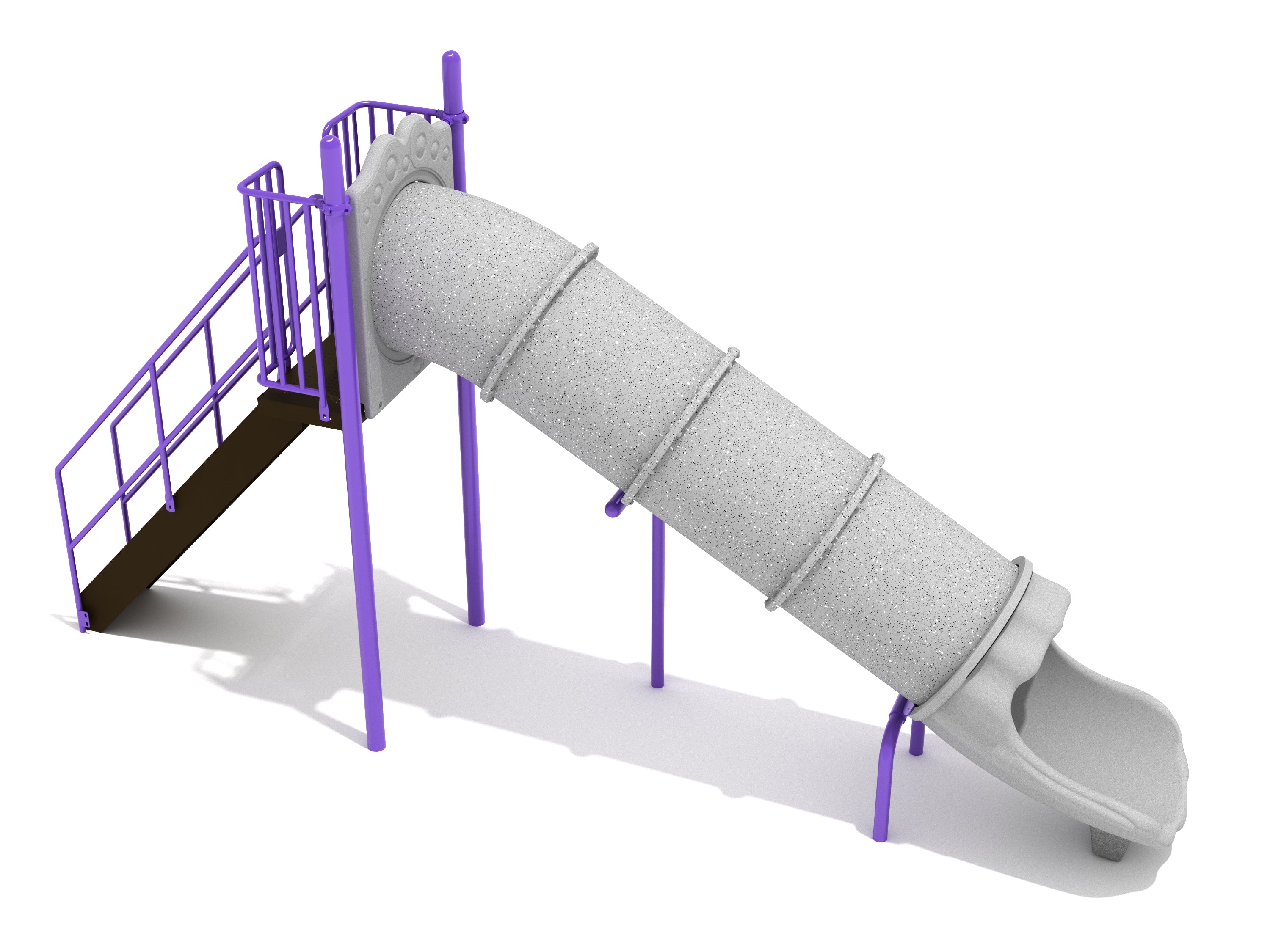 Playground straight tube slide with enclosed gray chute, purple supports, and brown stairs with handrails