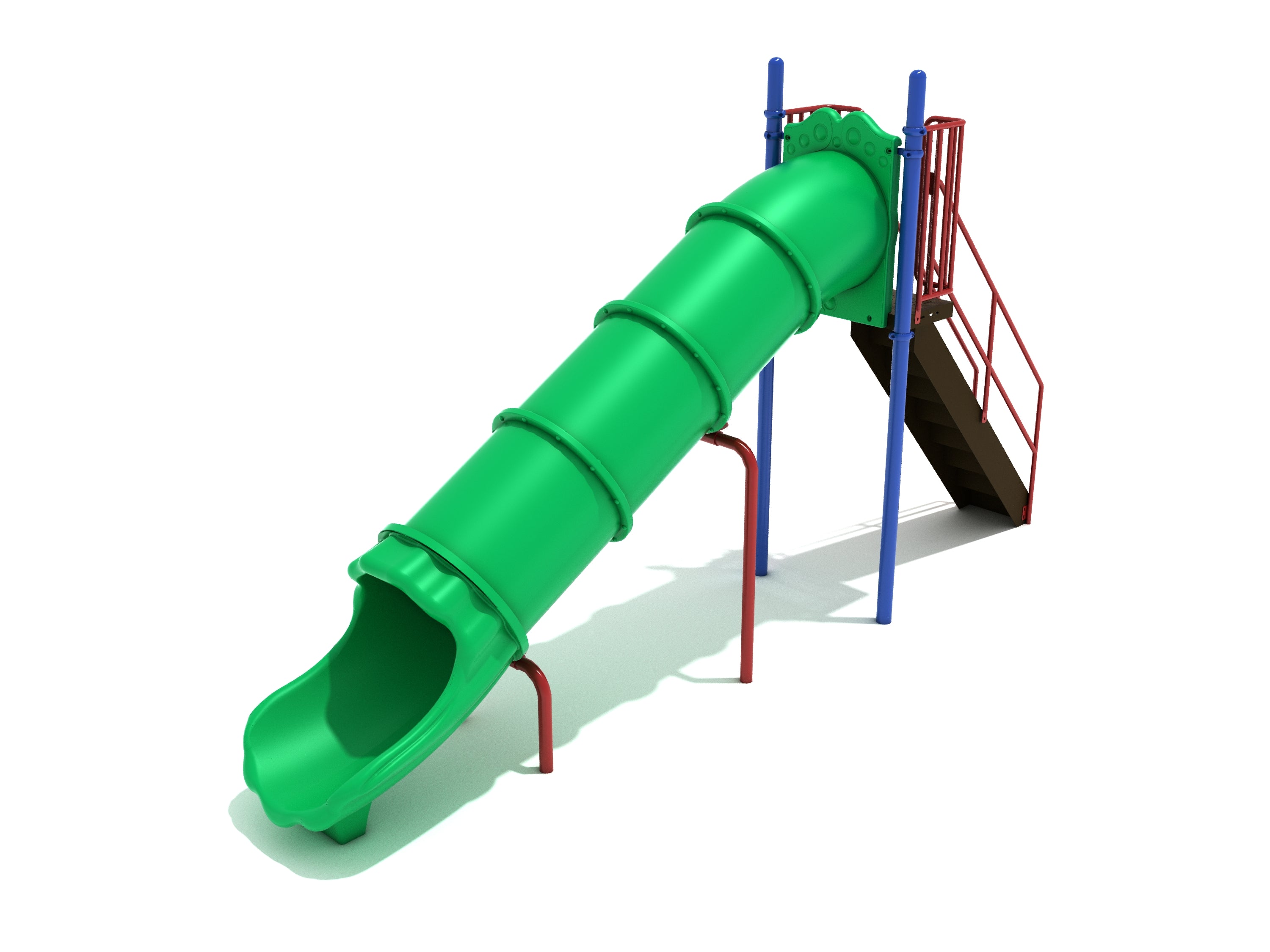 Straight Tube Slide with green enclosed chute, red stairs, blue support posts, playground equipment for schools and parks