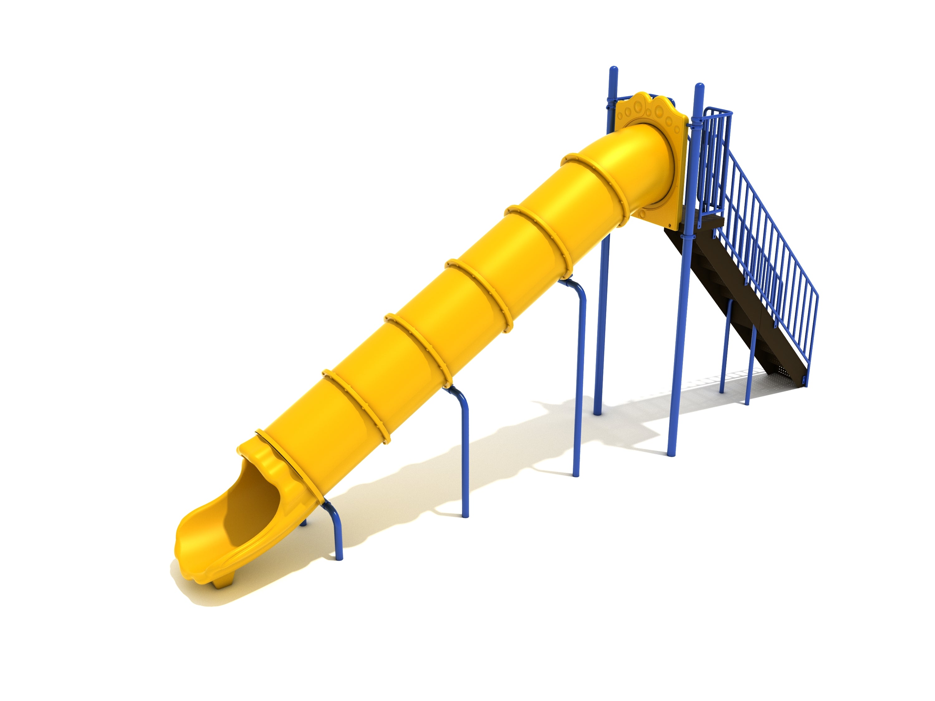 Bright yellow enclosed straight tube slide with blue support legs and stairs, designed for playgrounds.