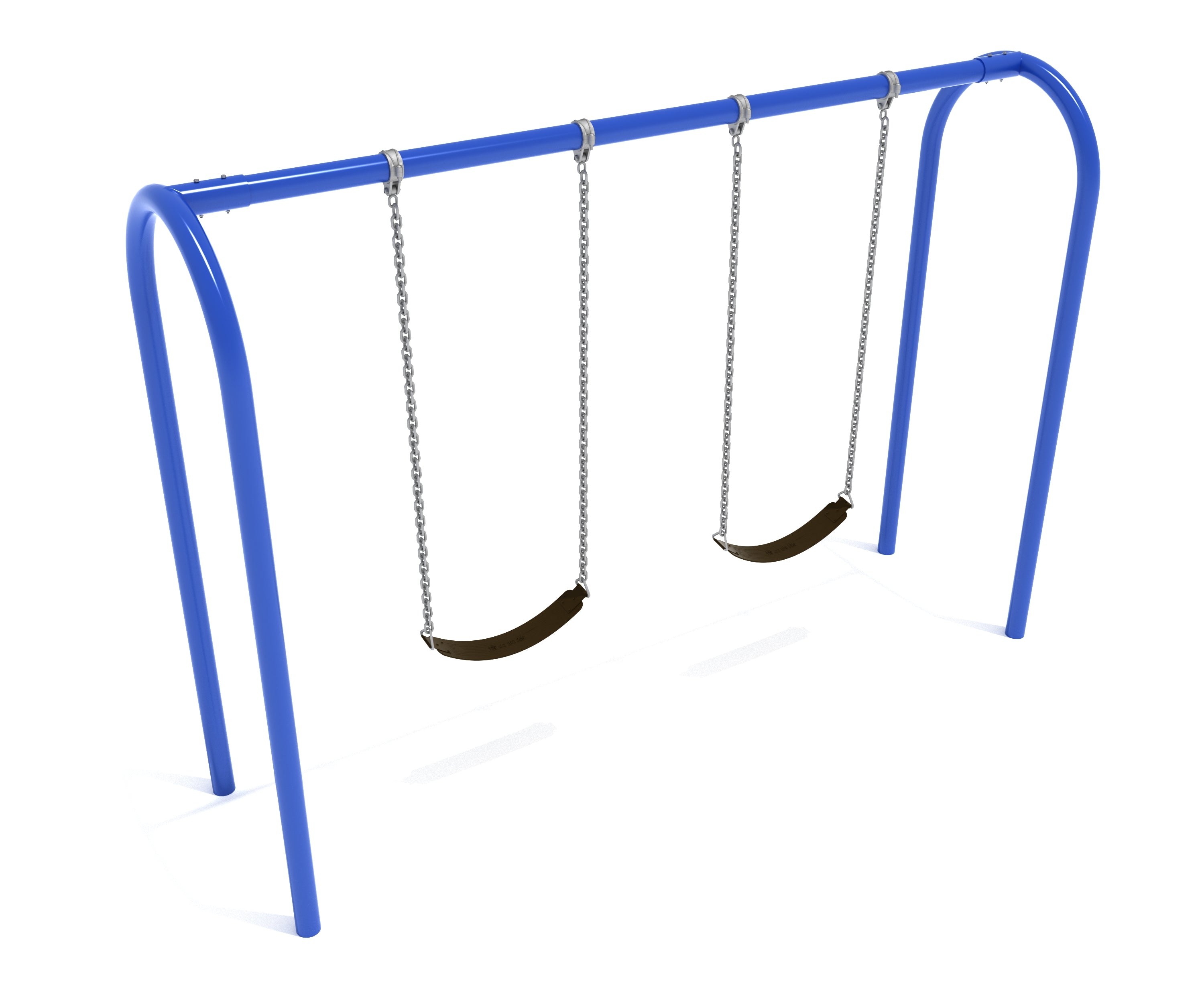 Arch Swing Set with Pacific Blue arch-style metal frame and two black belt swings, commercial playground equipment