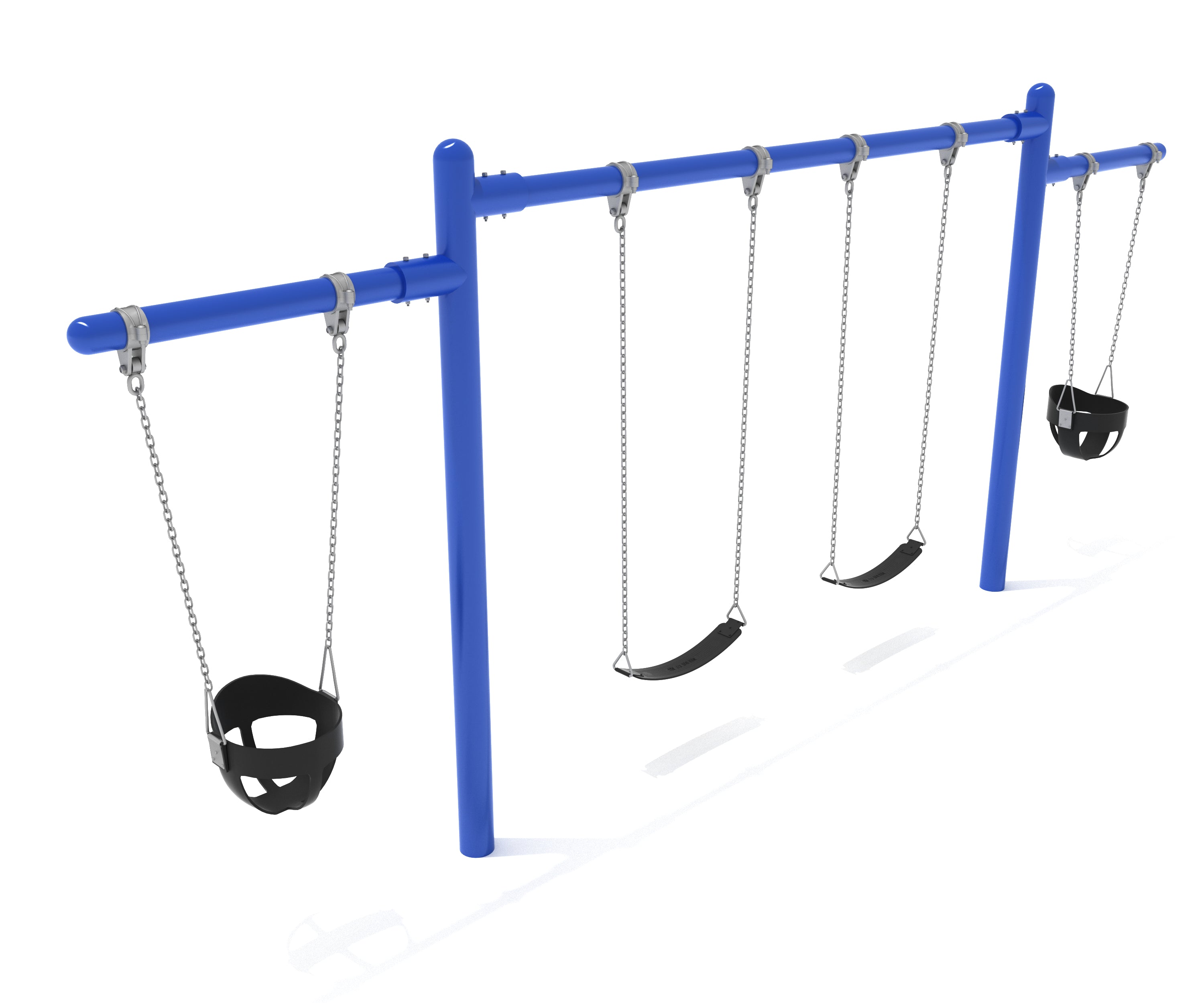 Pacific blue cantilever swing set with two bucket swings and two belt swings on galvanized chains