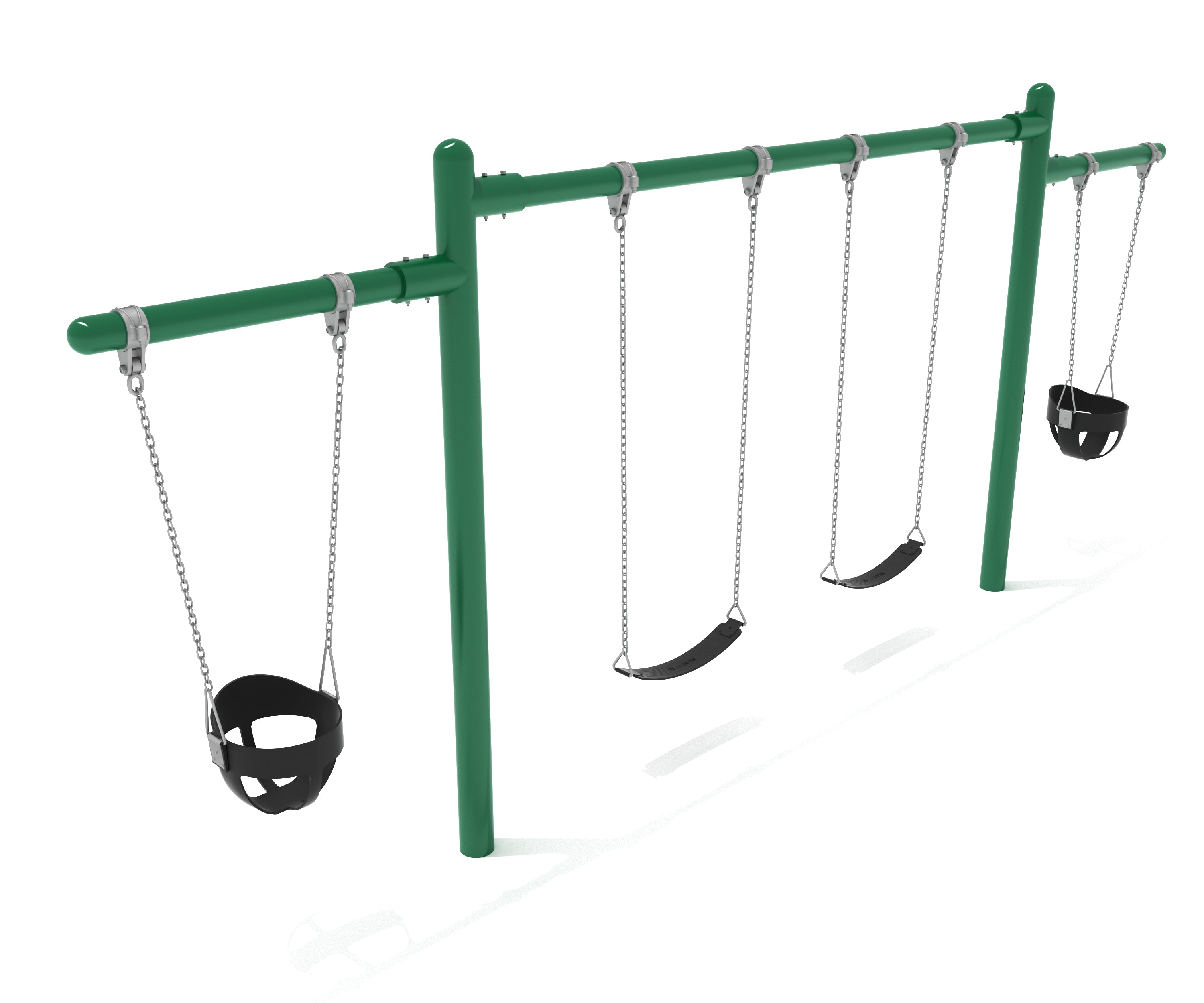 Green cantilever swing set with two black bucket swings and two black belt swings on galvanized chains