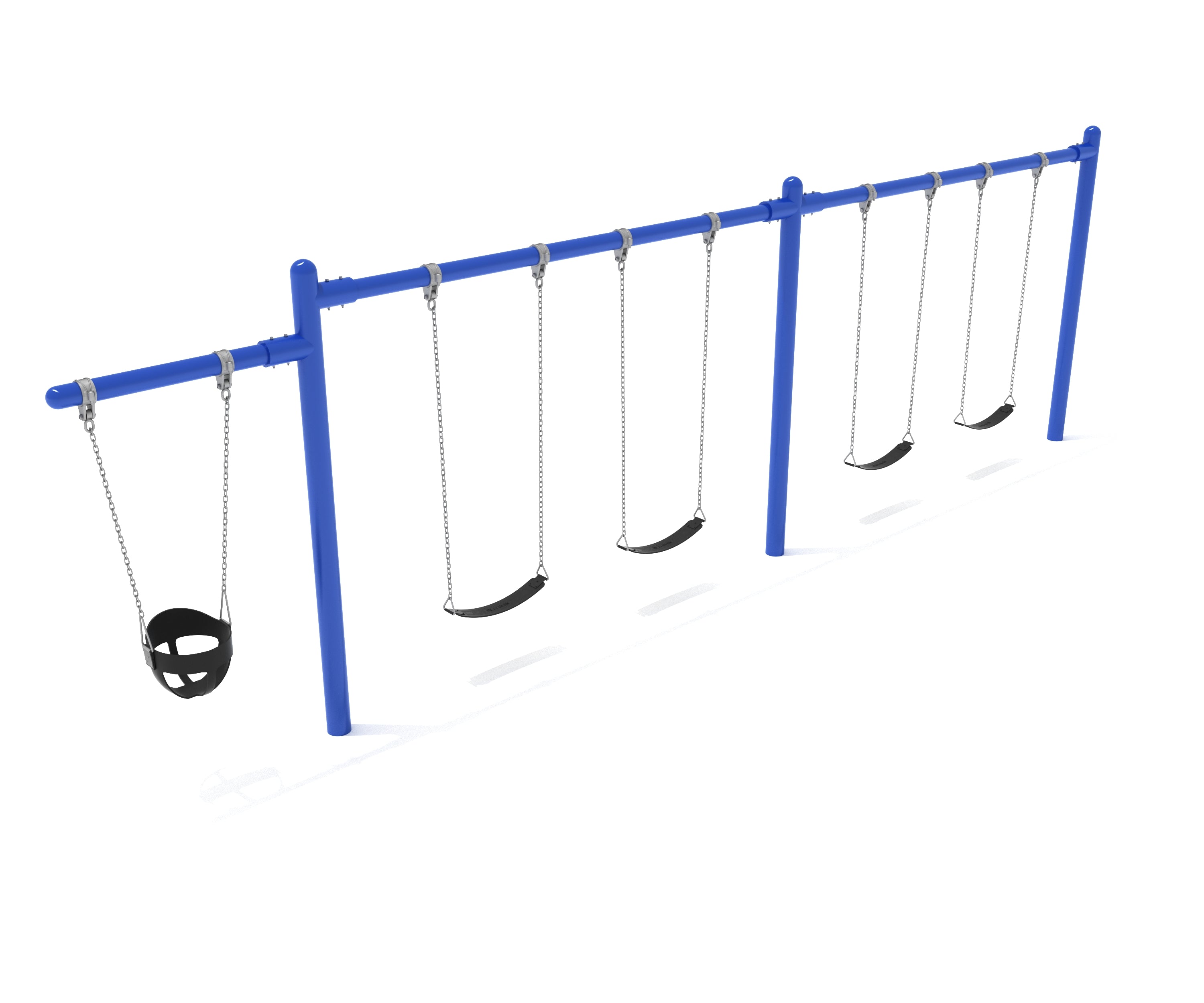 Pacific blue cantilever swing set with one bucket swing and four belt swings on a sturdy metal frame