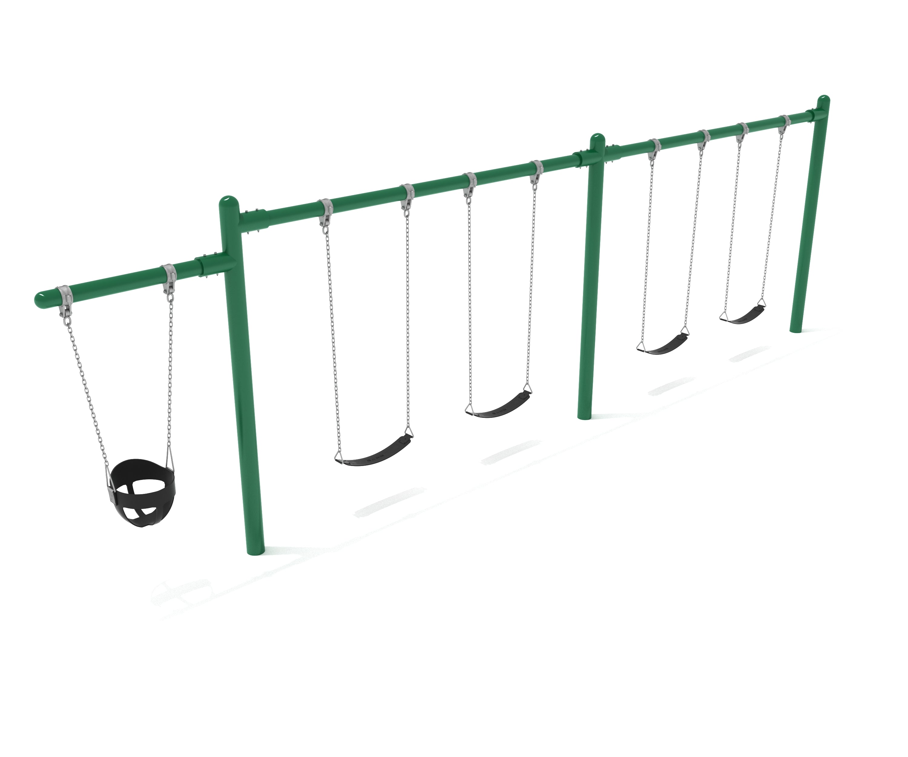 Green cantilever swing set with one bucket swing and four black belt swings on galvanized chains
