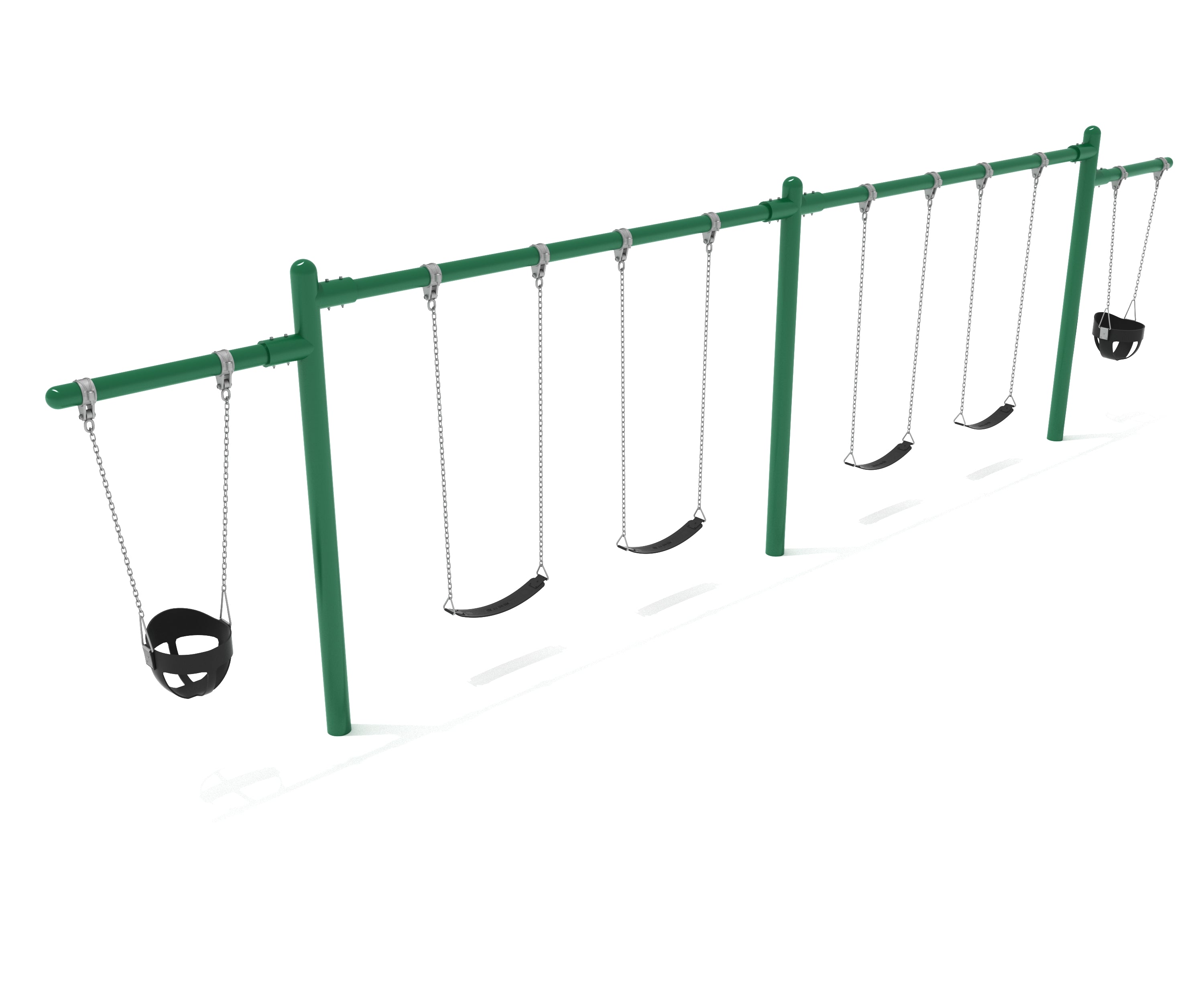 Outdoor rainforest green cantilever swing set with two bucket swings and four belt swings on a single post frame