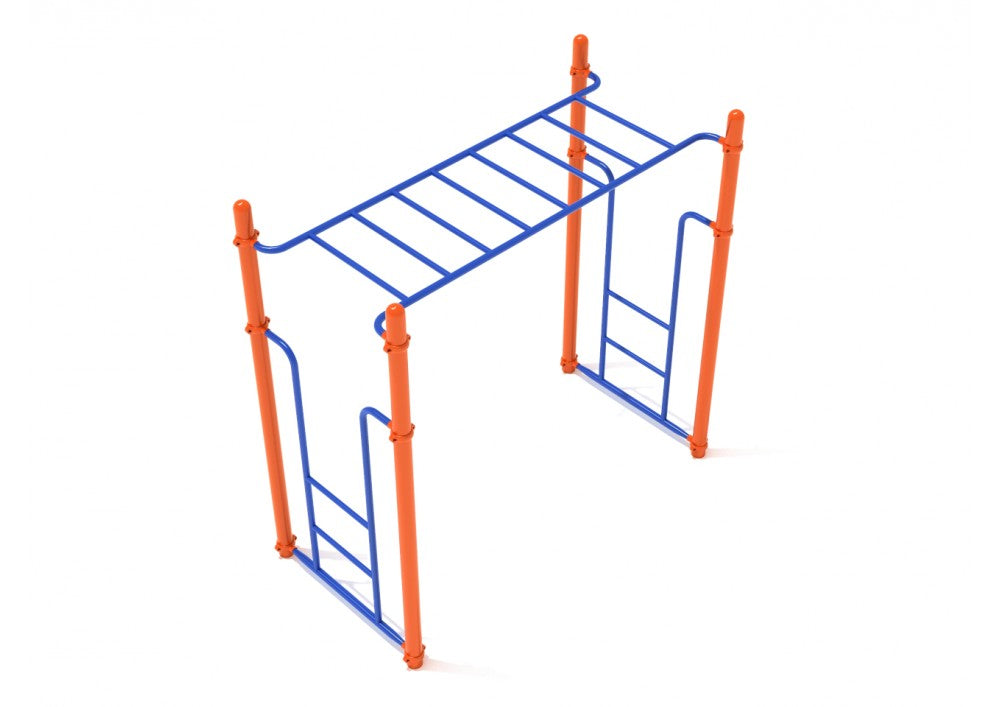 Overhead view of Straight Rung Horizontal Ladder with blue climbing rungs and orange vertical supports, playground climbing equipment