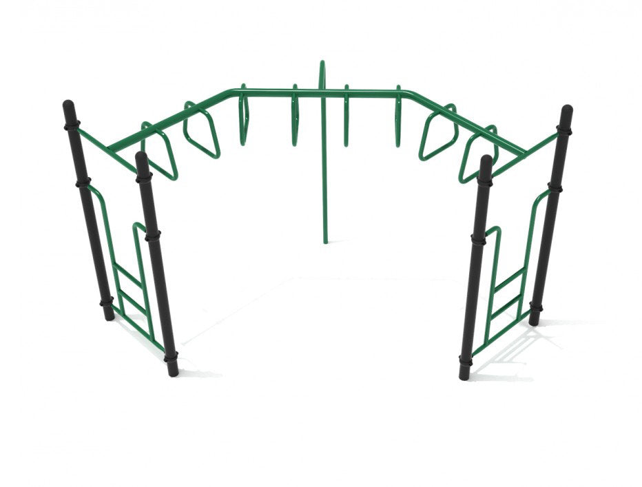 Overhead view of 90 Degree Trapezoid Loop Ladder playground climber with green trapezoid rungs and black support posts