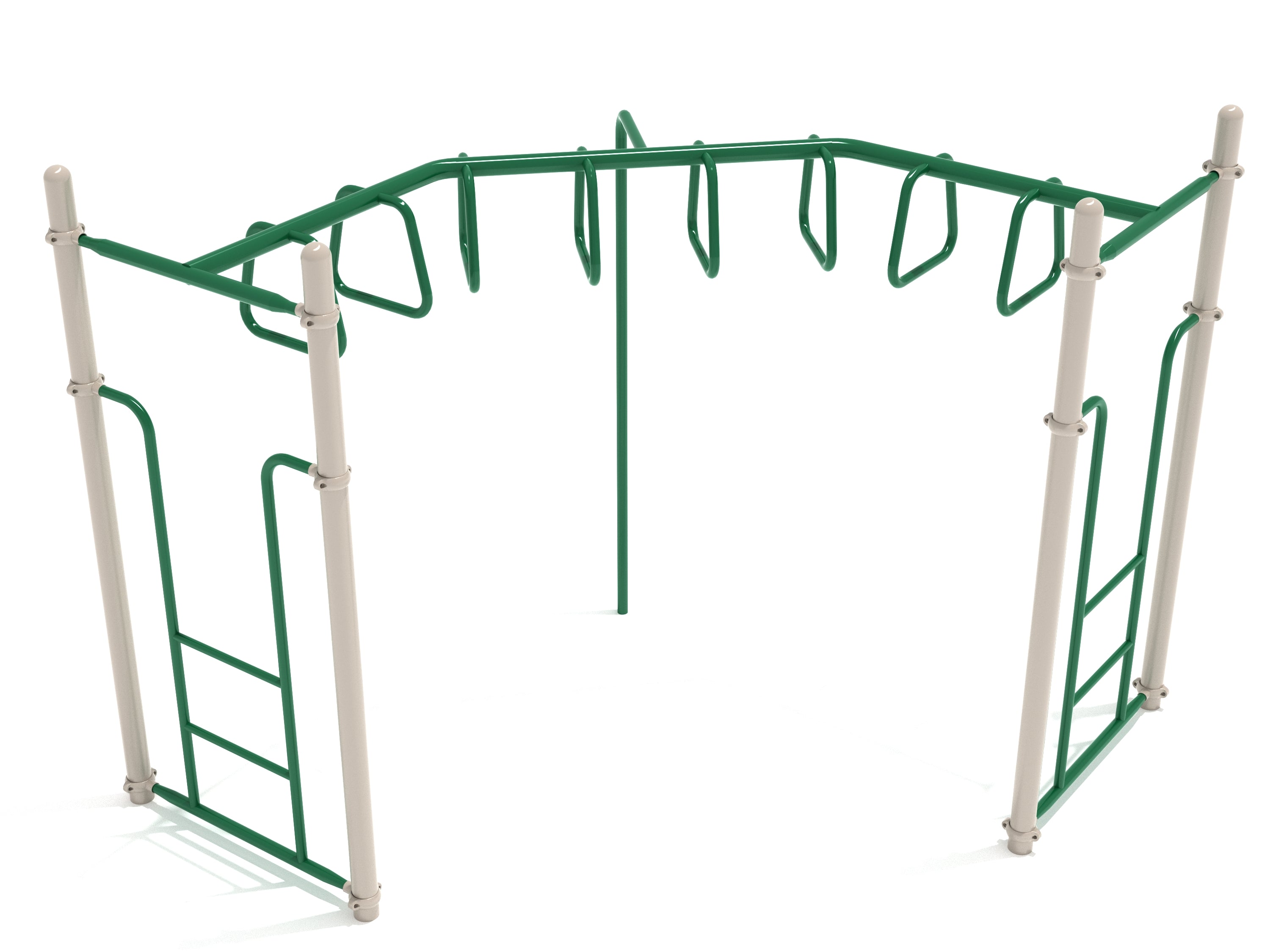 Green and white trapezoid loop climbing ladder with angled rungs and vertical supports for playground use