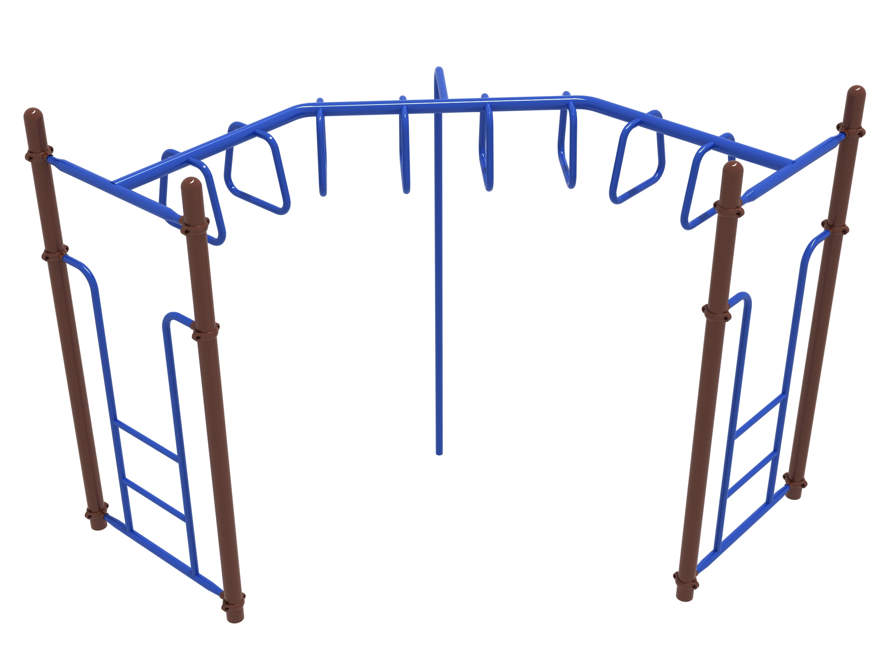 Blue and brown trapezoid-shaped loop ladder with angled rungs and vertical supports for playground climbing
