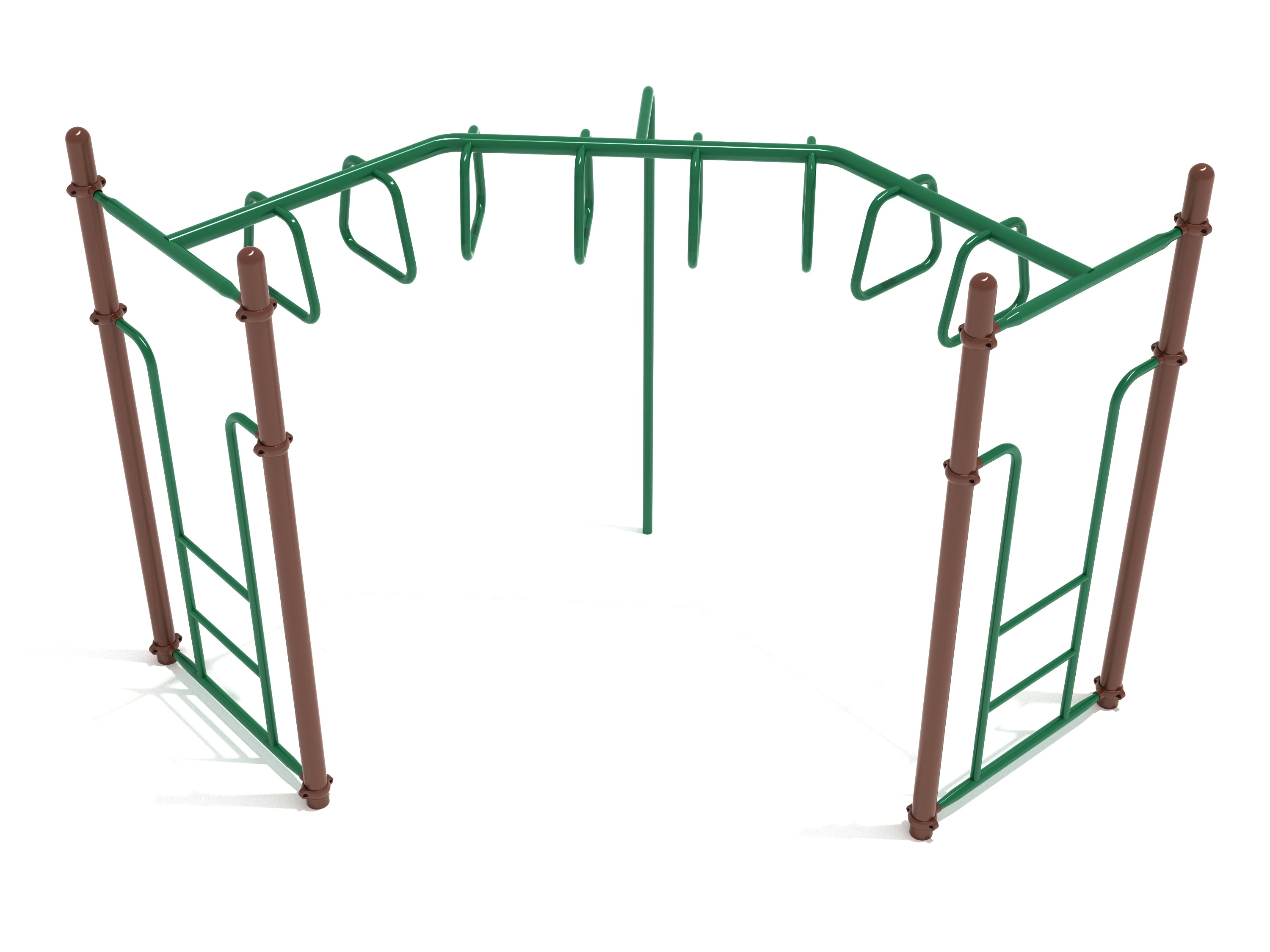 Green and brown trapezoid loop ladder with angled rungs and vertical supports for playground climbing