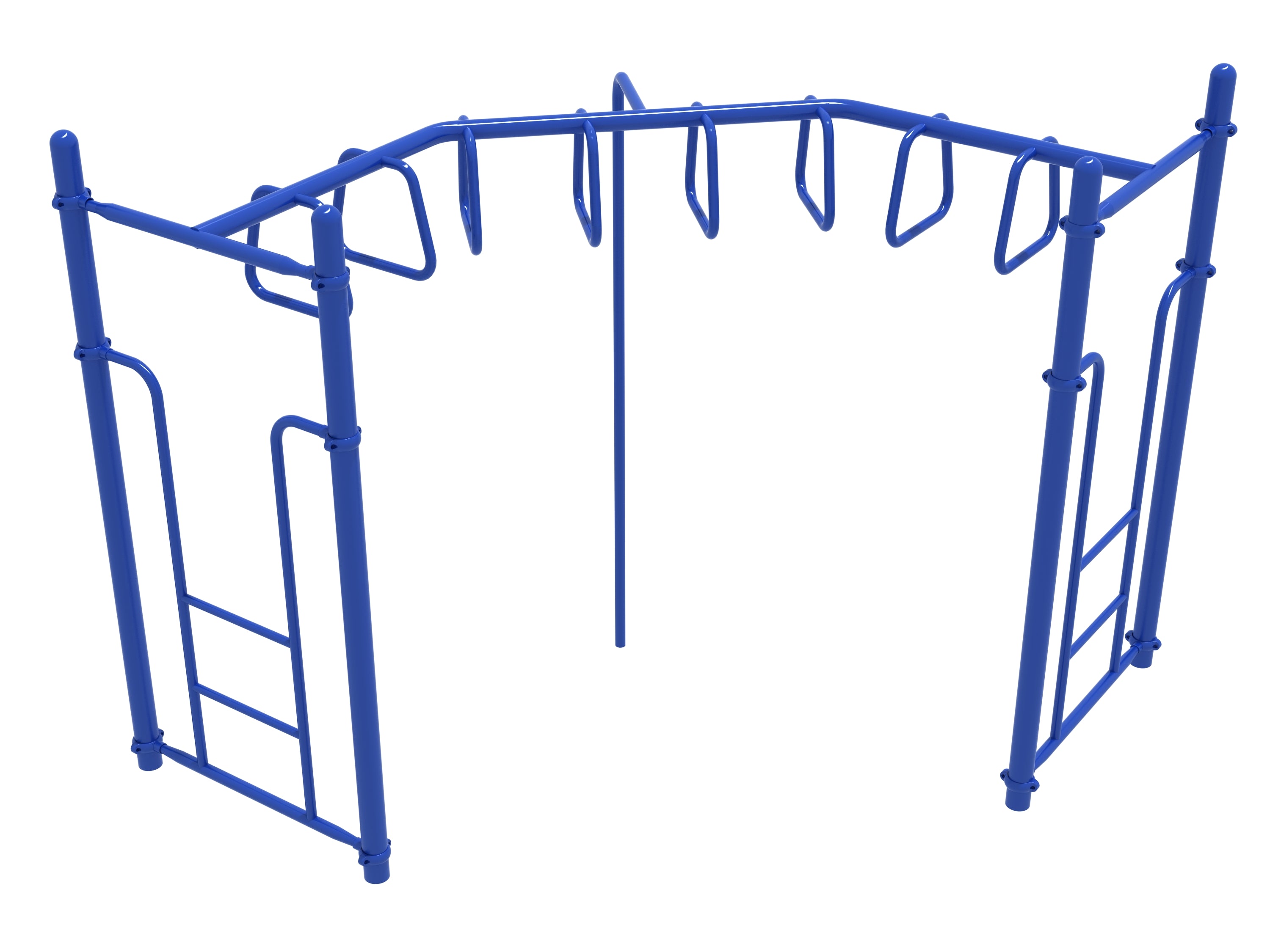 Blue metal playground climbing structure with trapezoid-shaped rungs forming a 90-degree loop and side ladders.