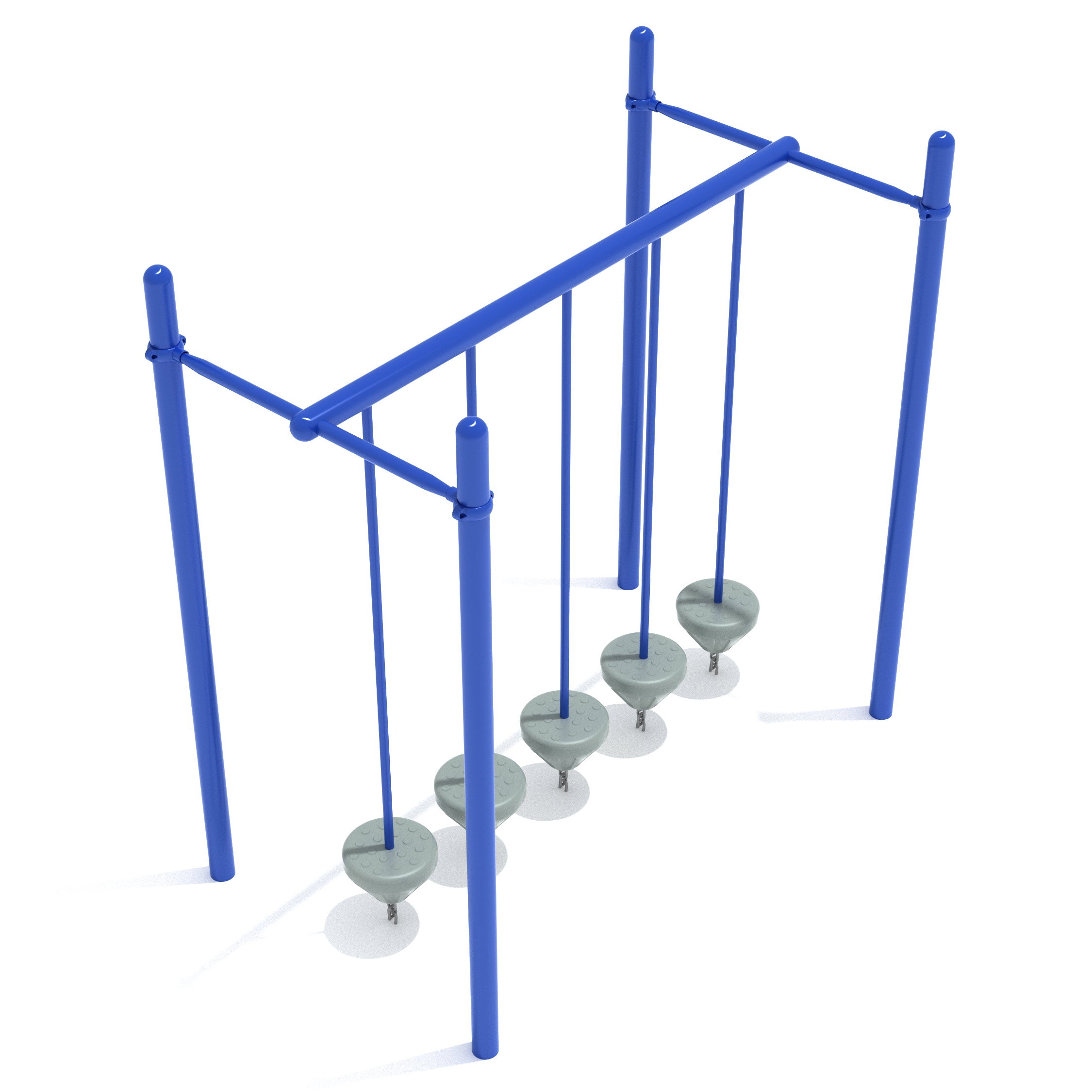 Playground balance beam with five gray pebble-shaped swinging platforms suspended from blue overhead bars