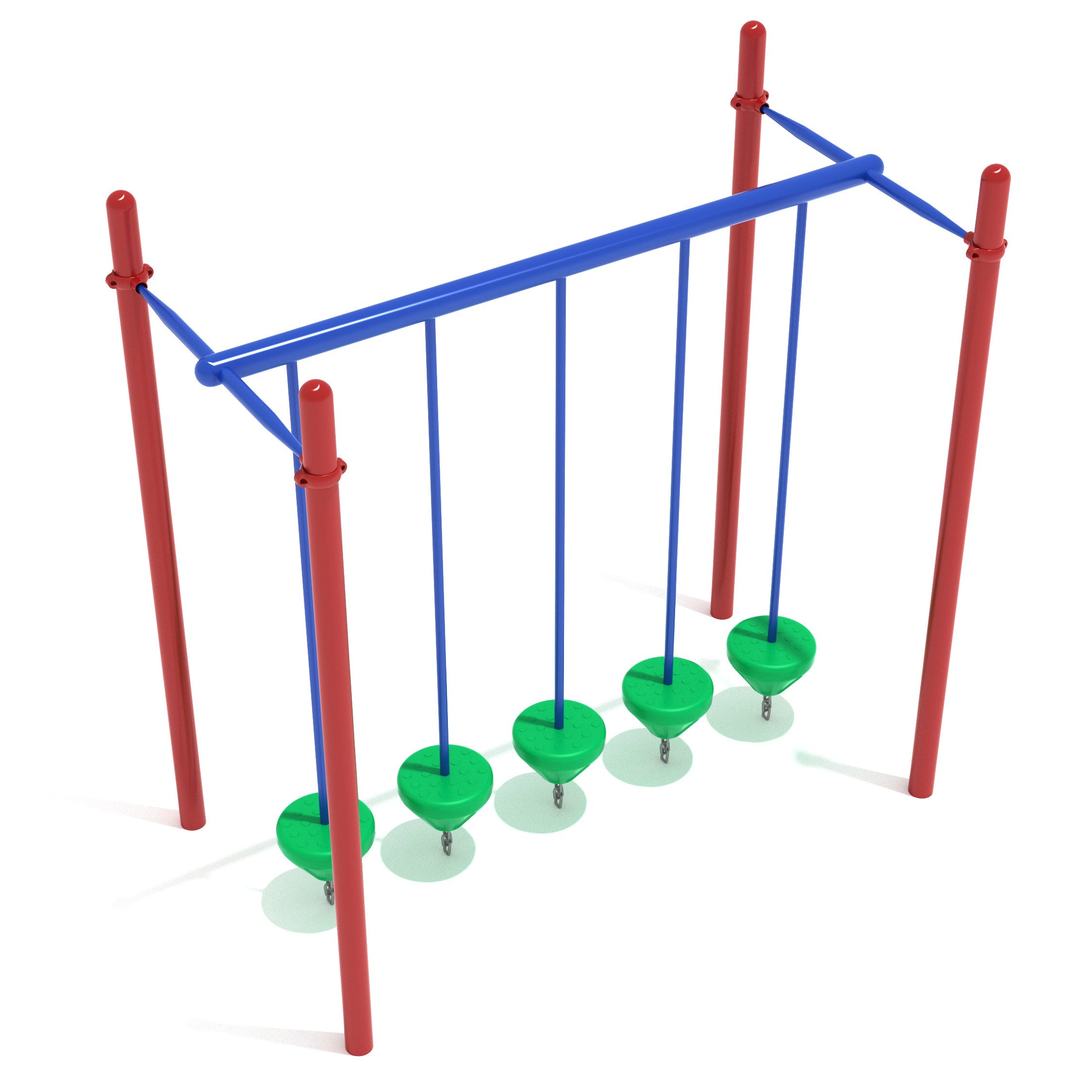 Playground balance beam with five green circular swinging platforms suspended by blue ropes from a red frame