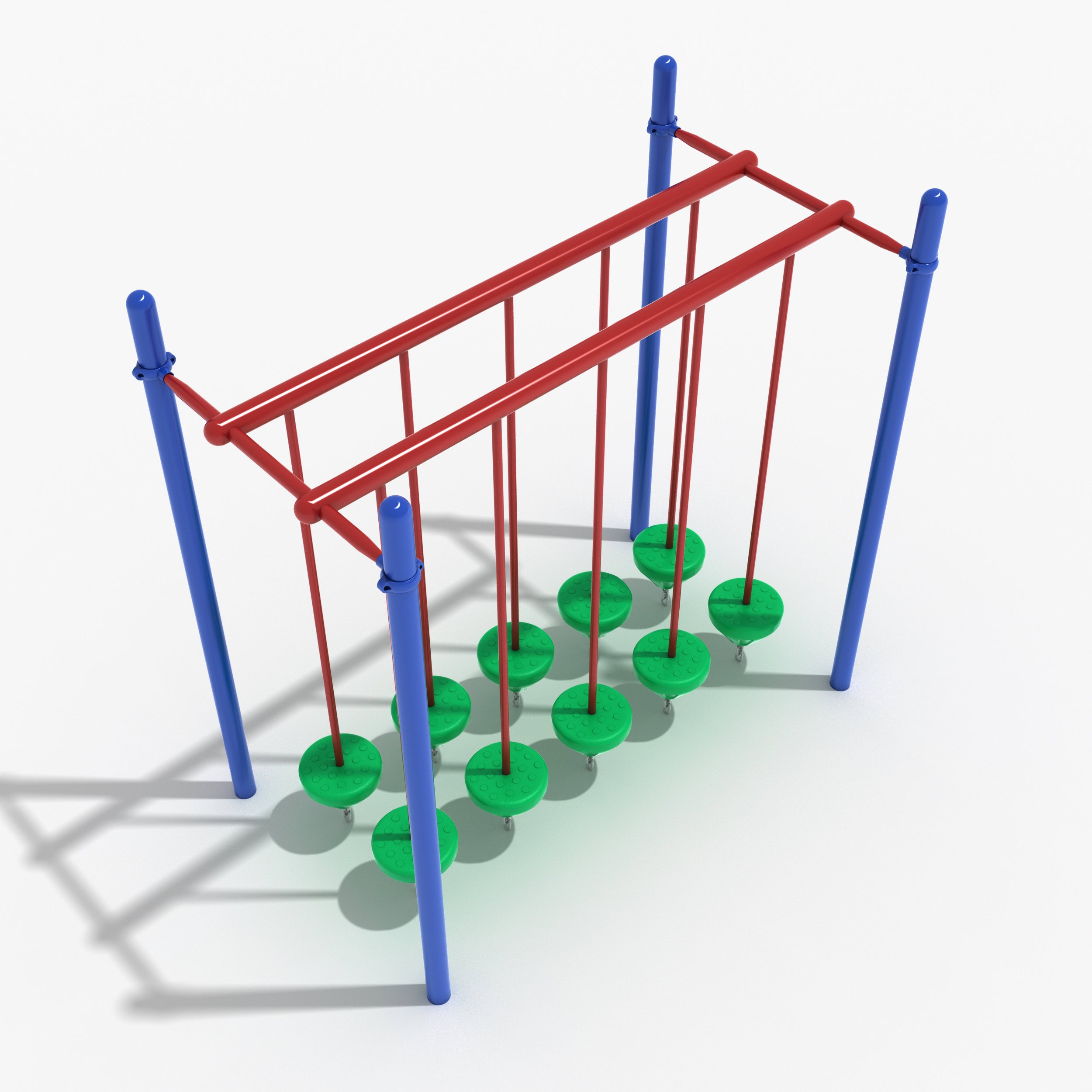 Playground balance beam with two rows of green circular swinging platforms suspended by red chains from a blue and red frame