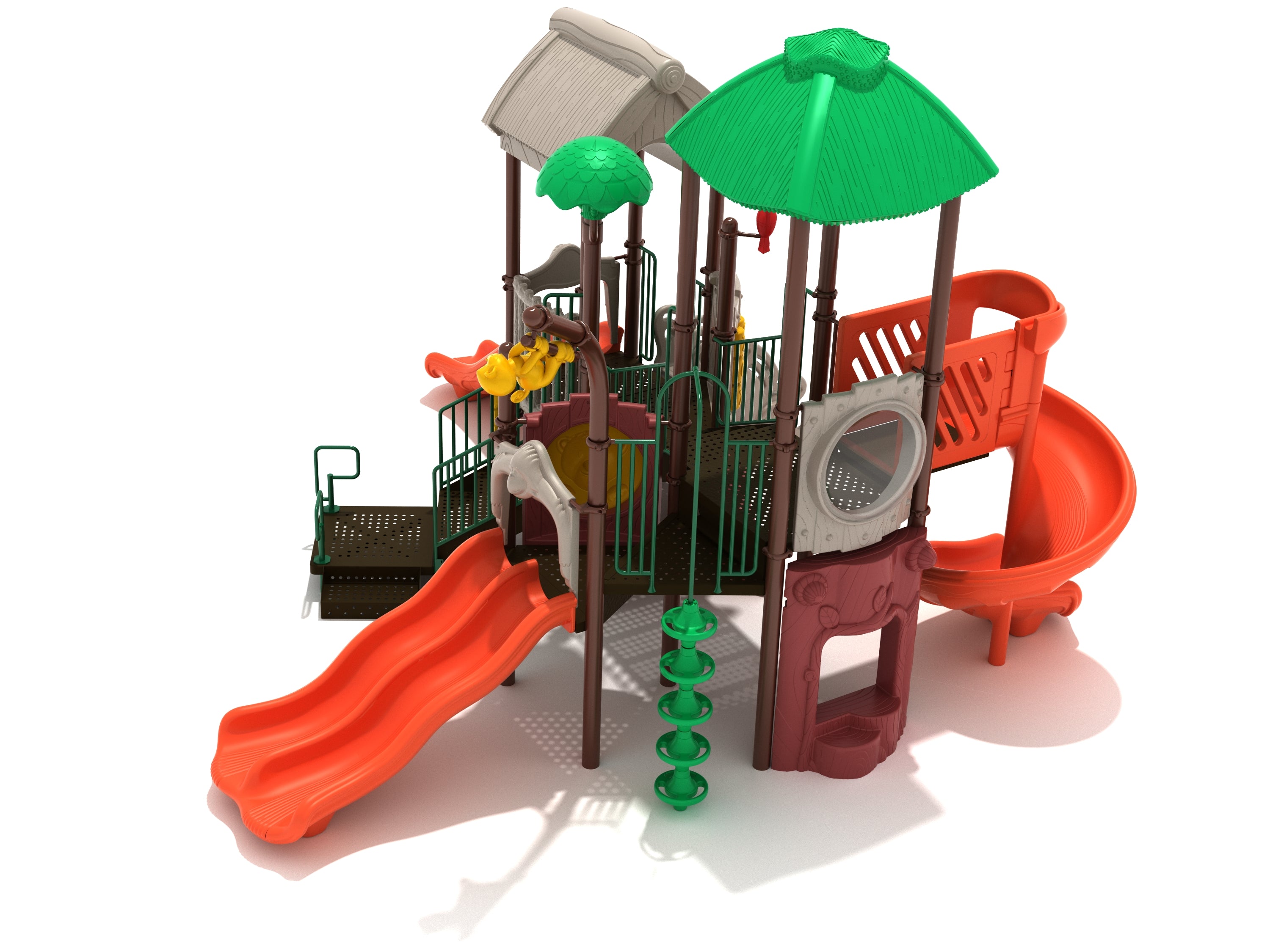 Kicking Kangaroo Playground with jungle theme, double slides, spiral slide, green leaf toppers, and interactive climbing features