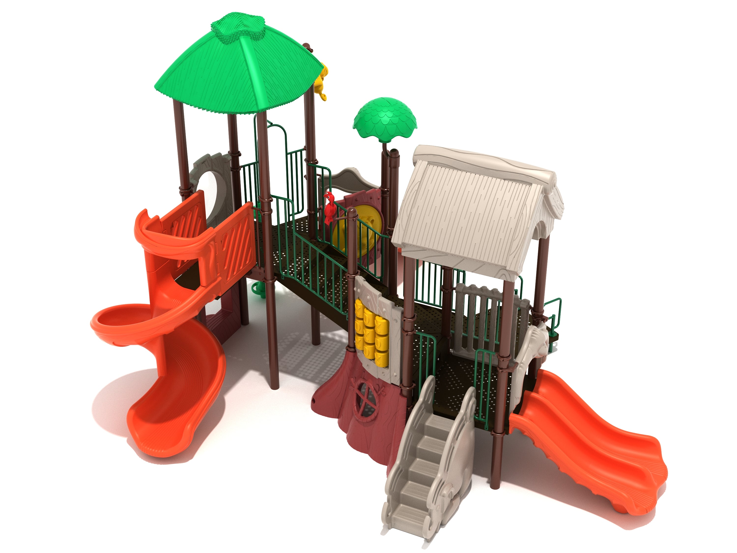 Jungle-themed playground with green roofs, orange slides, climbing stairs, animal panels, and colorful play features.