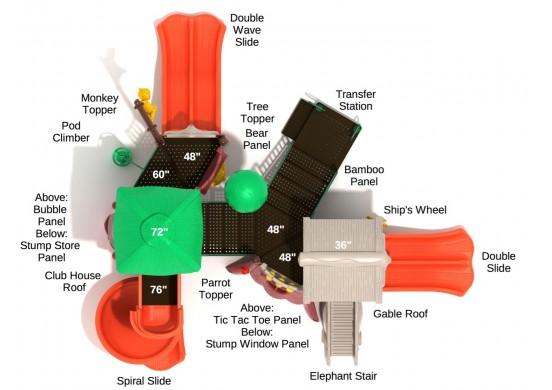 Overhead view of jungle-themed playground with double slides, spiral slide, monkey, parrot, tree toppers, and interactive panels.