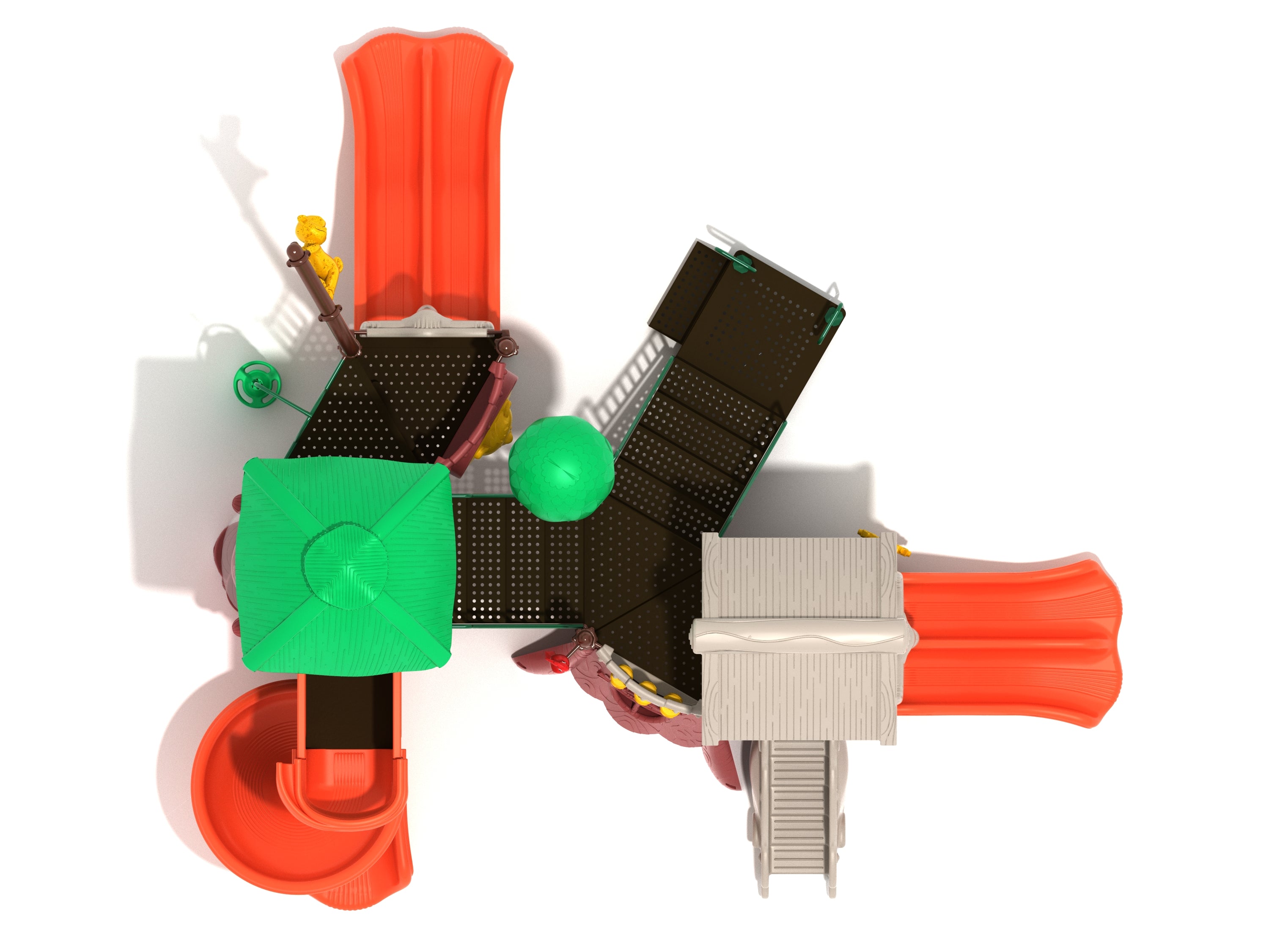 Overhead view of jungle-themed playground with slides, platforms, parrot, tree, and monkey toppers, spiral slide, and animal-shaped climbing features.