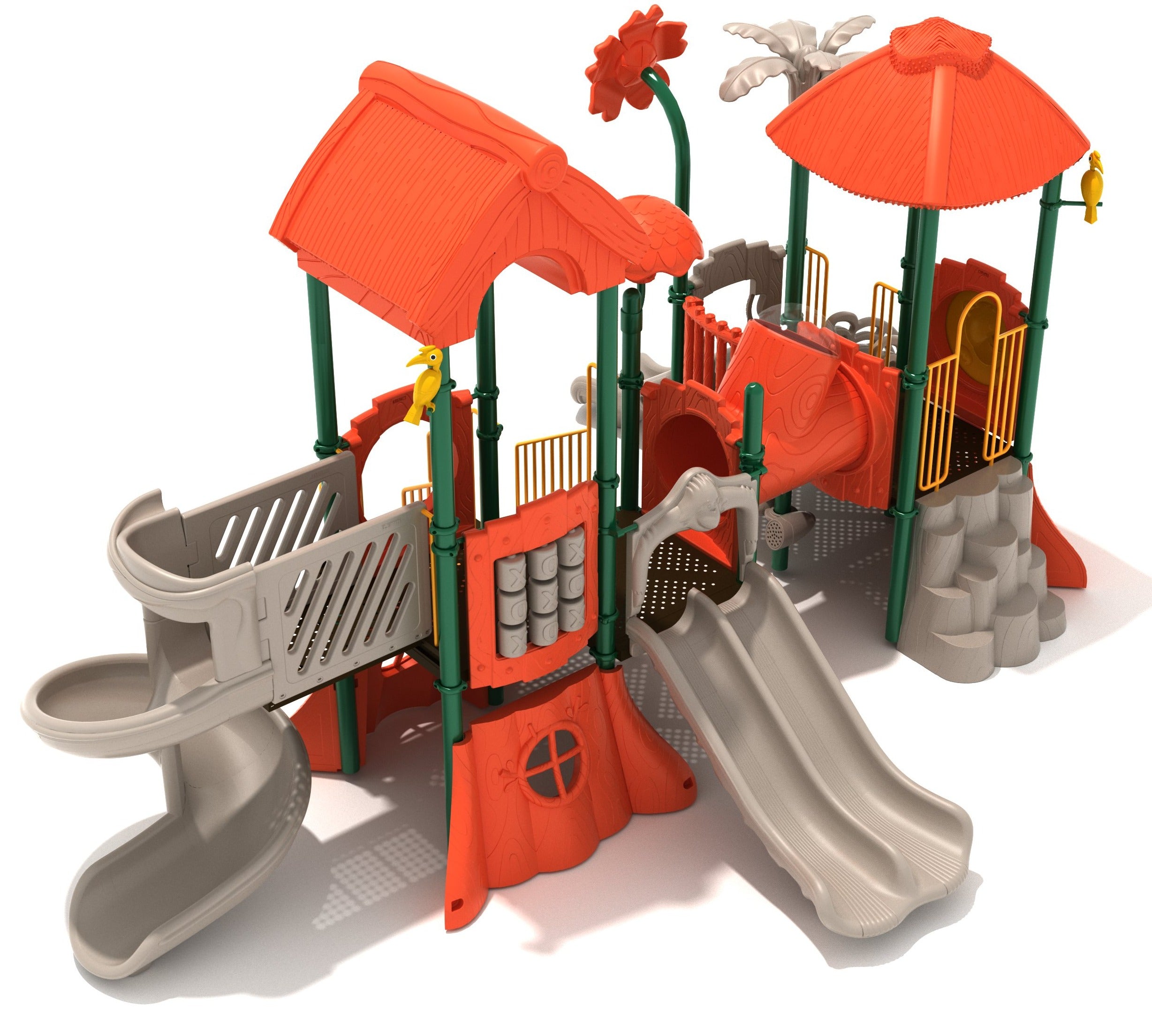 Jungle-themed playground with orange roofs, green posts, multiple slides, animal and flower toppers, and interactive panels