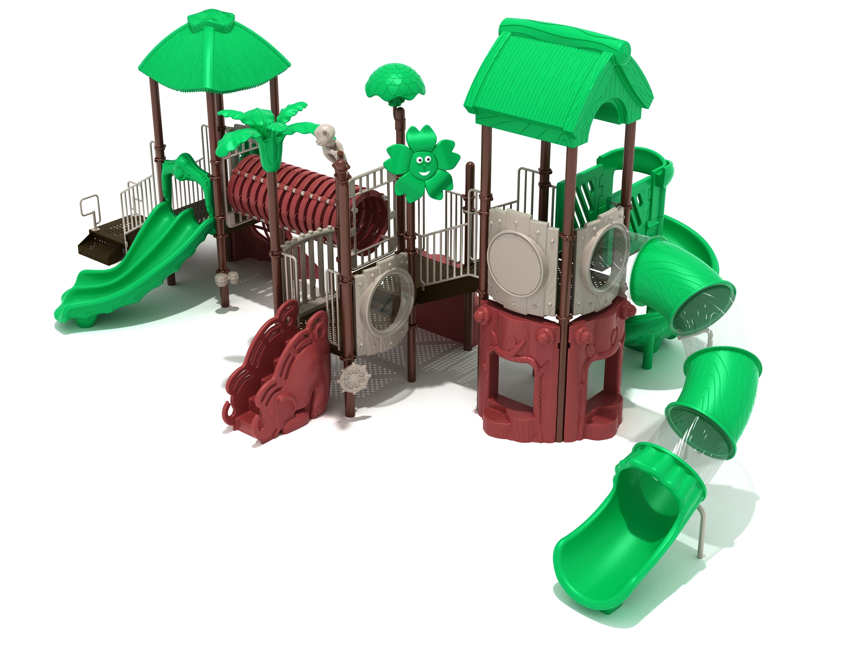 Polly Parrot Playground with green and brown play structures, spiral tube slide with transparent panels, animal and flower toppers
