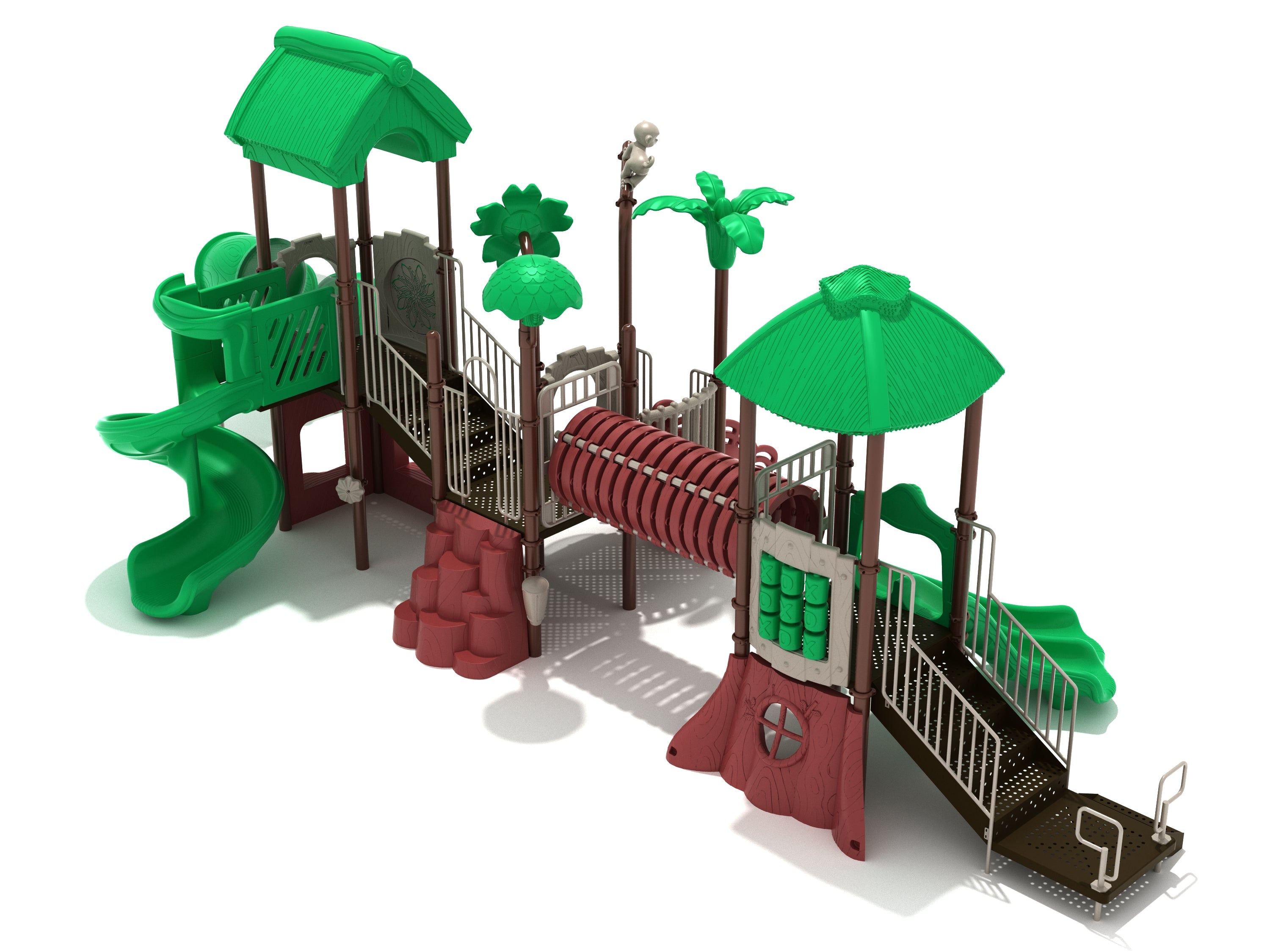 Tropical playground equipment with spiral and double slides, tunnel bridge, palm toppers, rock steps, ADA-accessible ramp