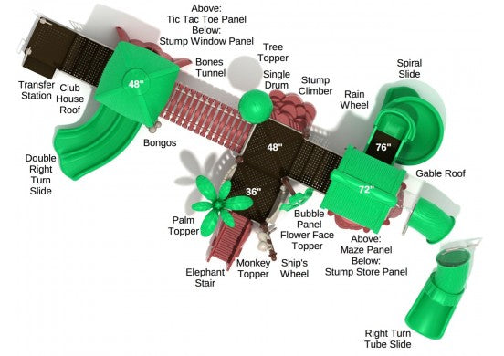 Overhead view of commercial playground with spiral and enclosed tube slides, climbers, activity panels, and drums