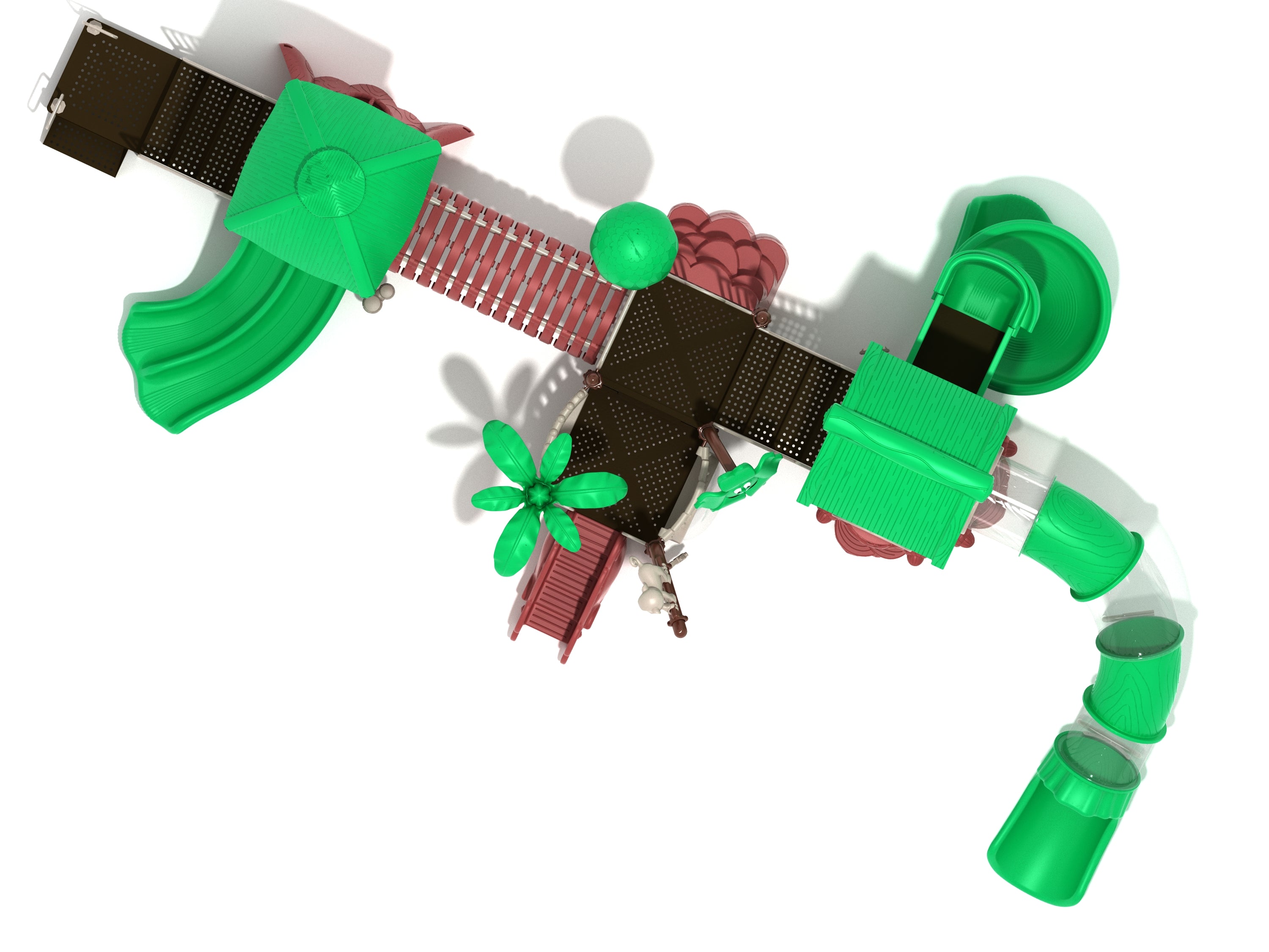 Overhead view of jungle-themed commercial playground equipment with bridges, canopies, open and clear tube spiral slides.
