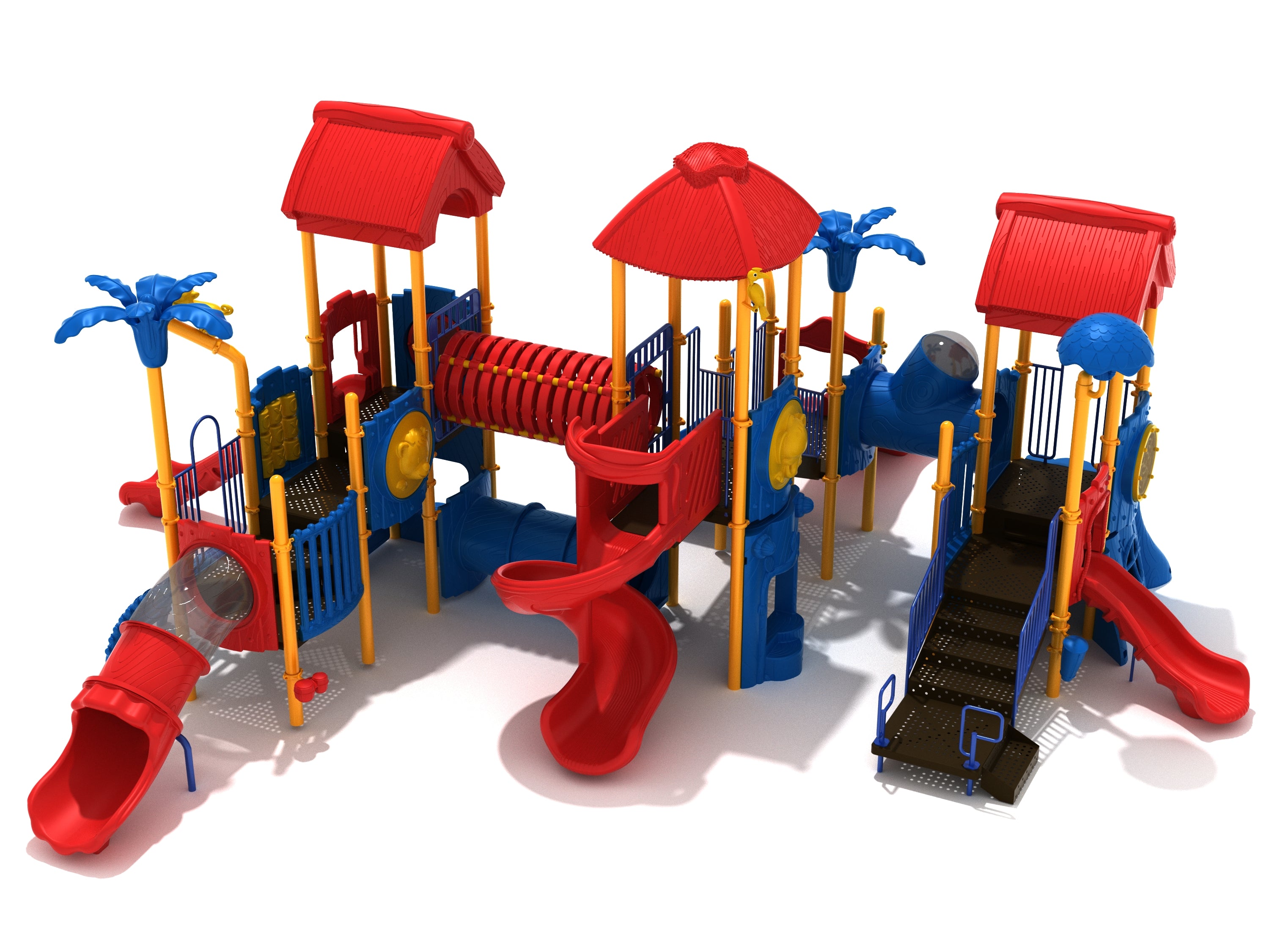 Colorful jungle-themed playground with multiple slides, tunnels, bridges, palm tree accents, and animal-inspired details.