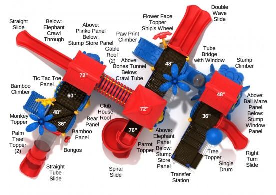 Overhead view of a large jungle-themed playground with multiple slides, climbers, tunnels, and interactive panels