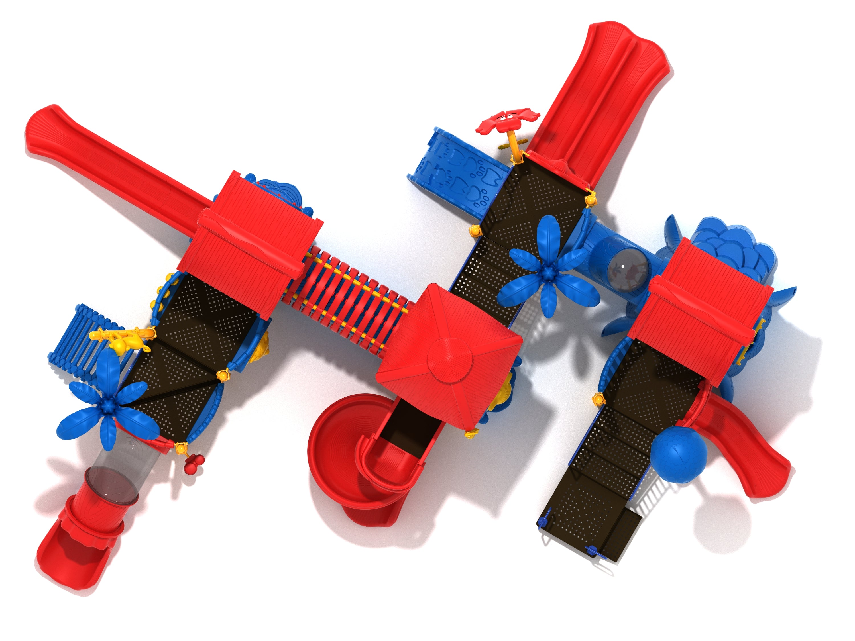 Overhead view of colorful jungle-themed playground with multiple red slides, blue platforms, yellow accents, and winding paths