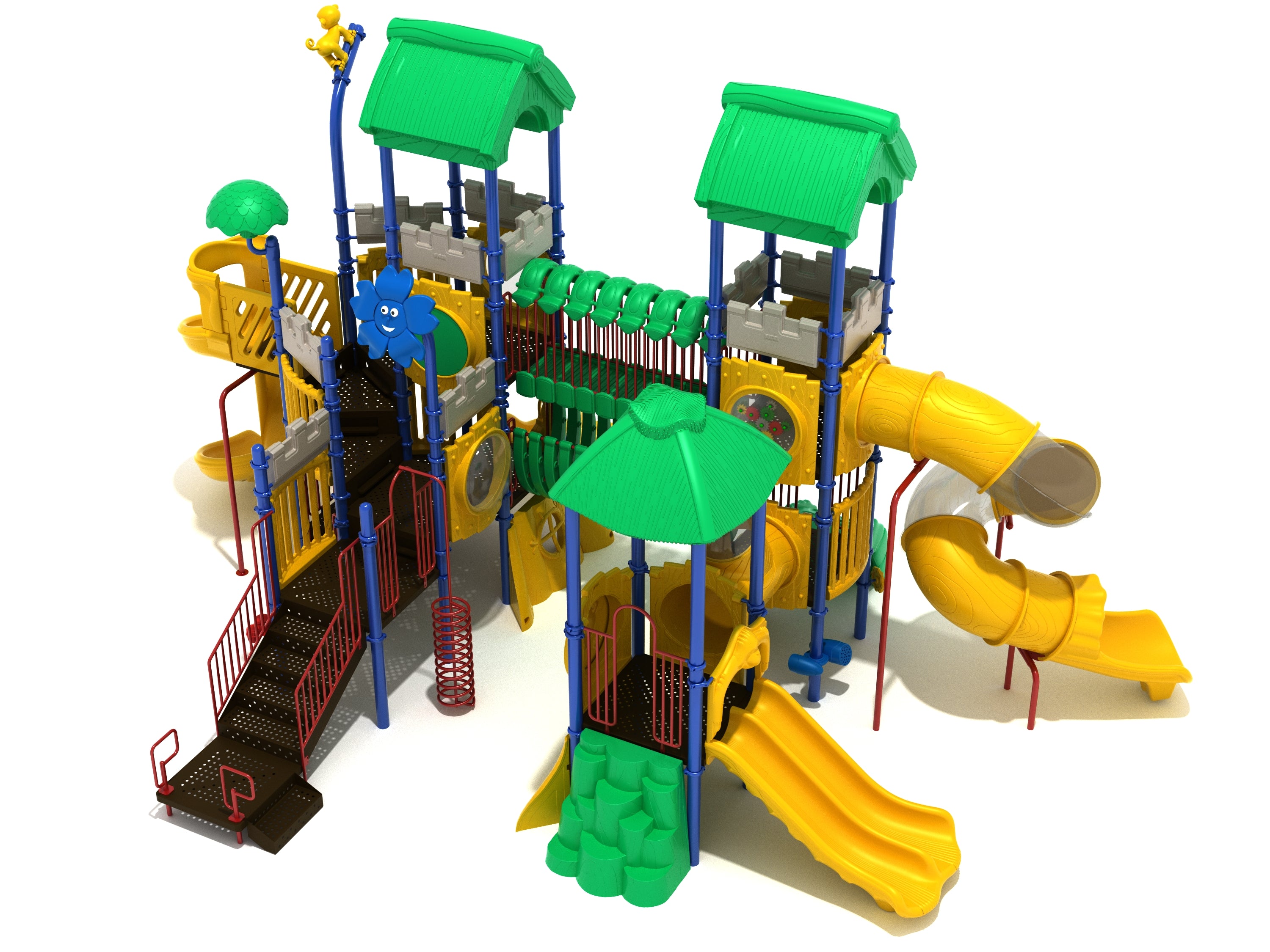 Colorful playground structure with green roofs, yellow slides, climbing features, connecting bridges, and activity panels