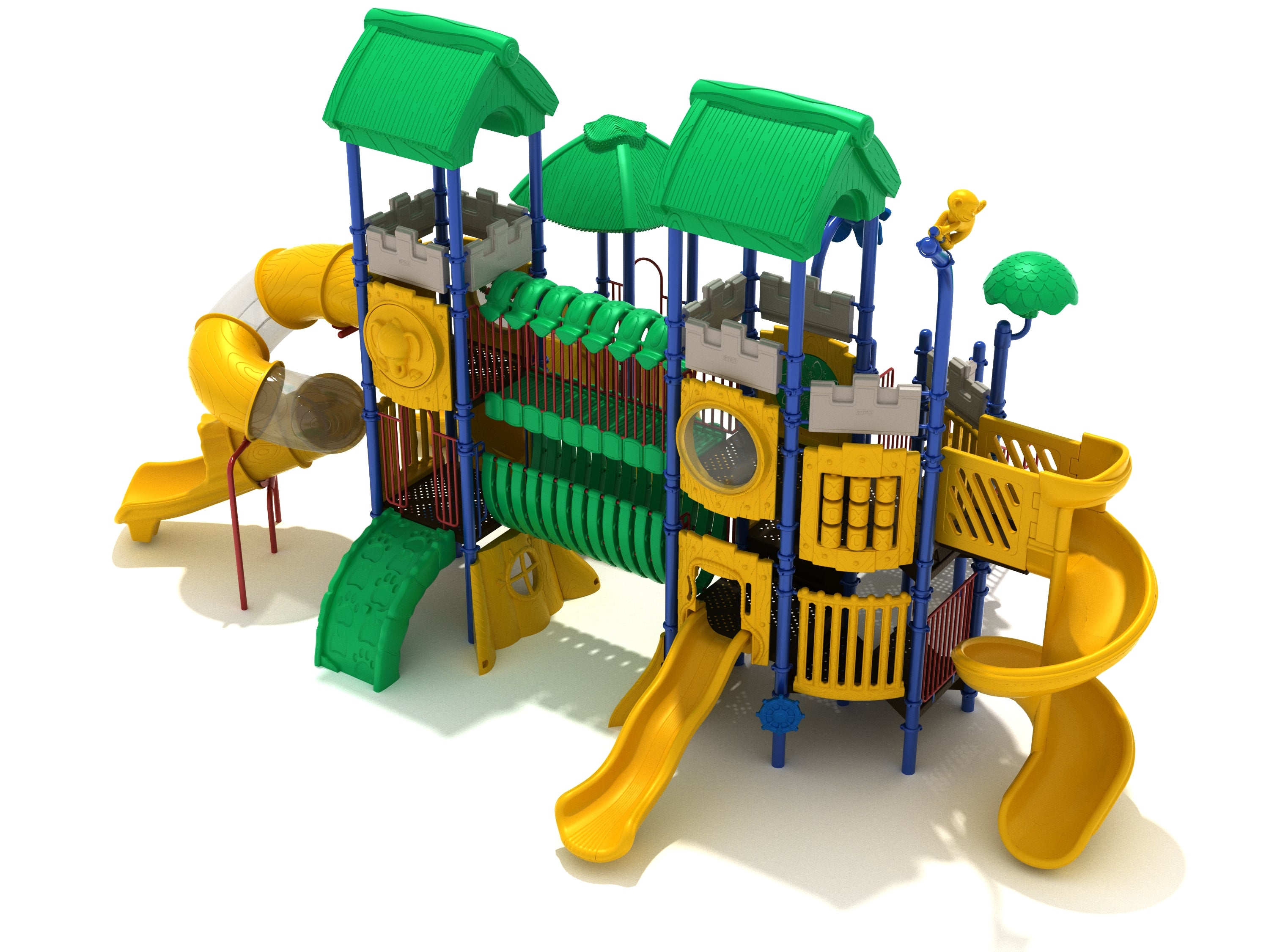 Colorful playground structure with green roofs, yellow slides, climbing panels, and connecting bridges