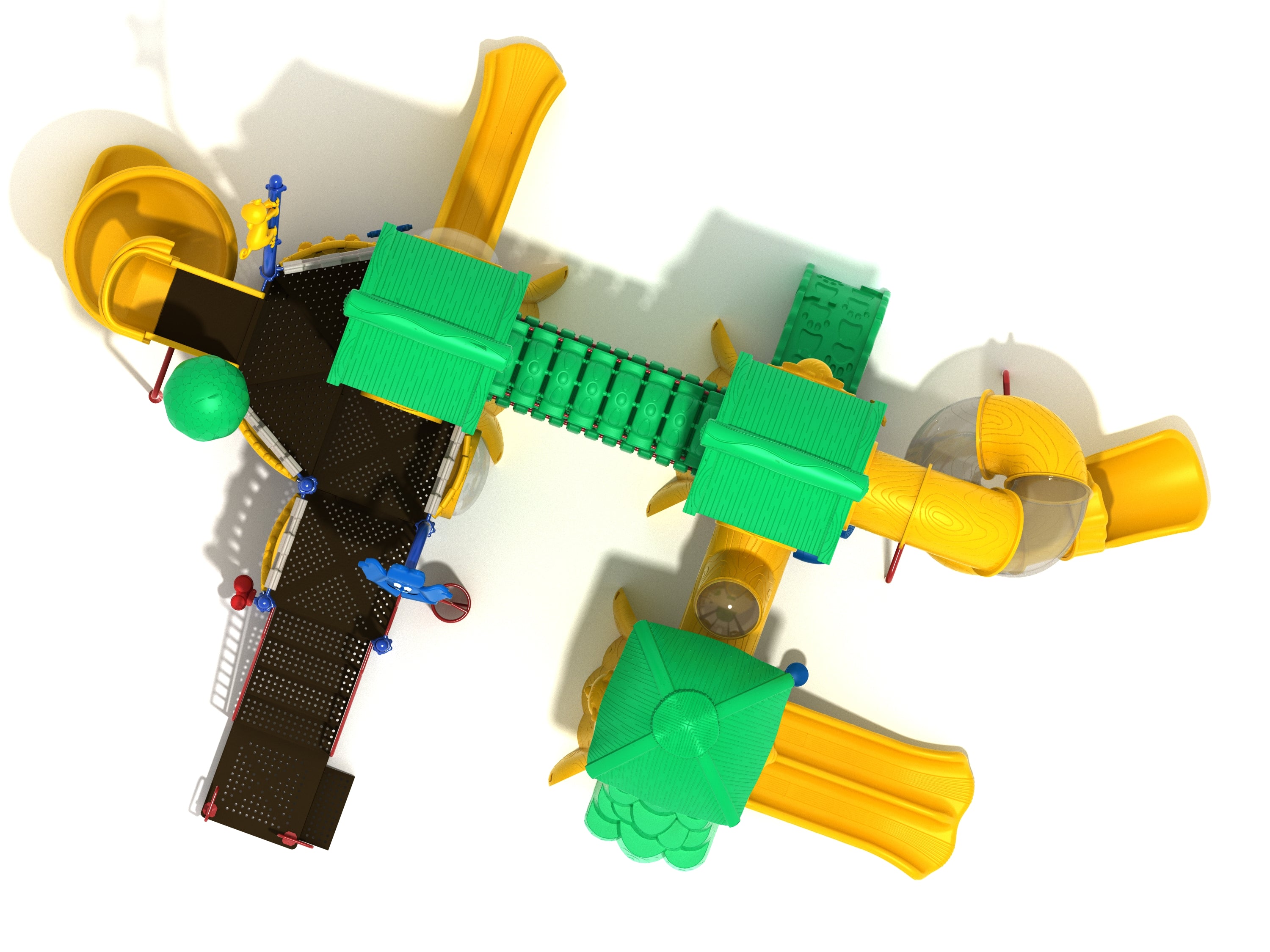 Overhead view of colorful playground with green roofs, yellow spiral and straight slides, connecting bridges, and activity panels