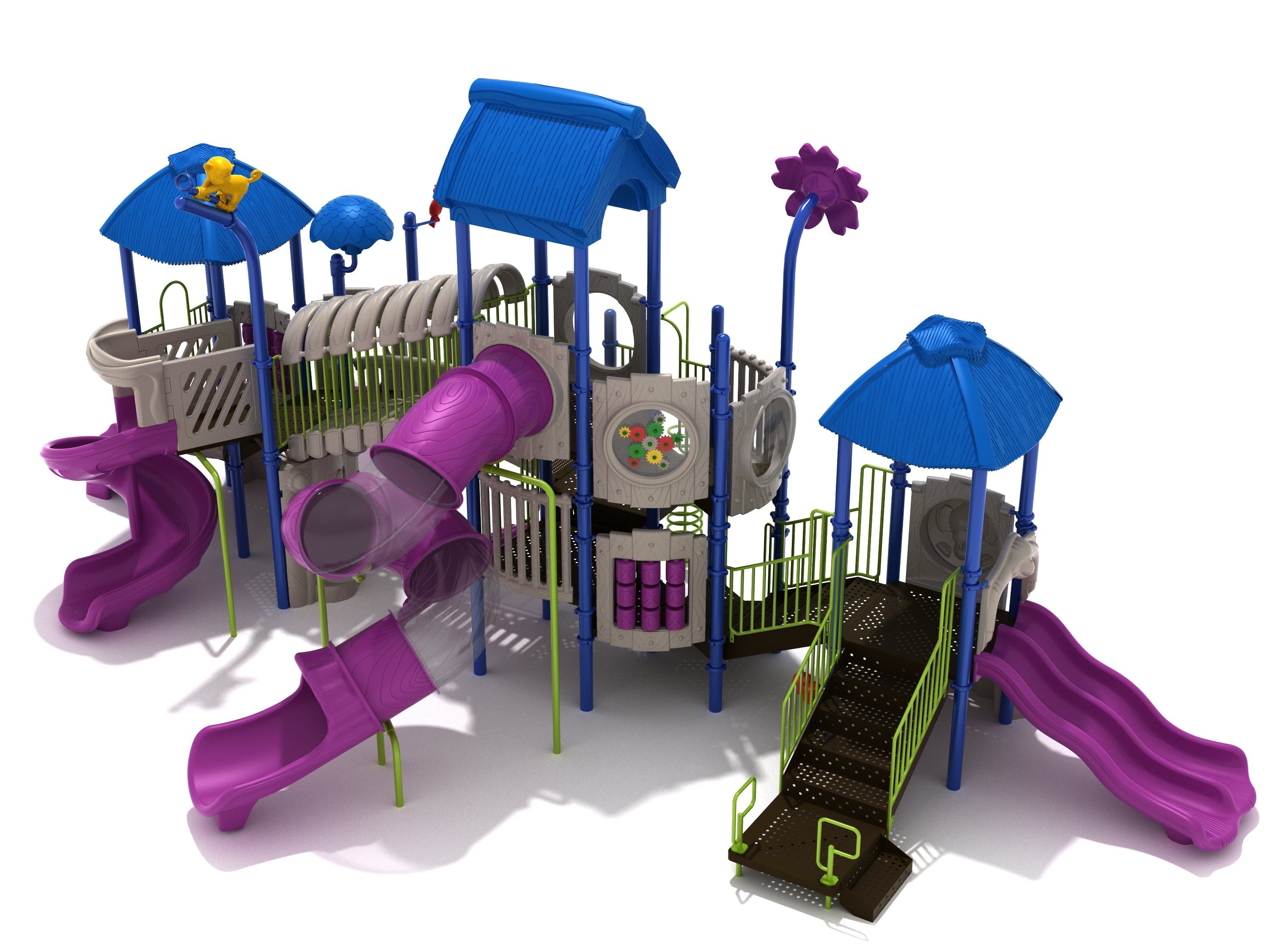 Hue-Manatee Playground with blue roofs, purple slides, green railings, jungle-themed toppers, climbers, bridges, and interactive panels