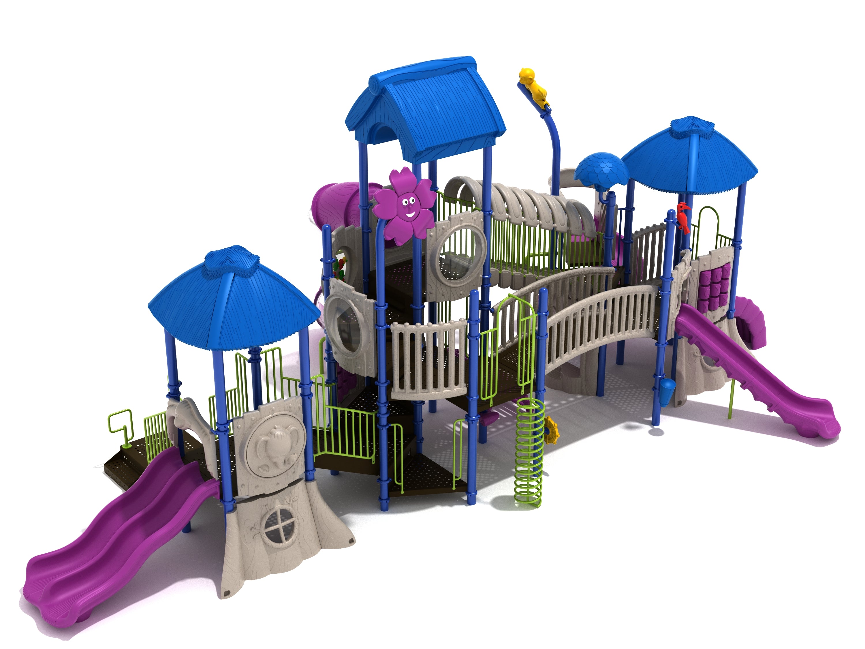 Colorful playground with blue roofs, purple slides, green railings, animal and flower panels, and multiple climbing features.