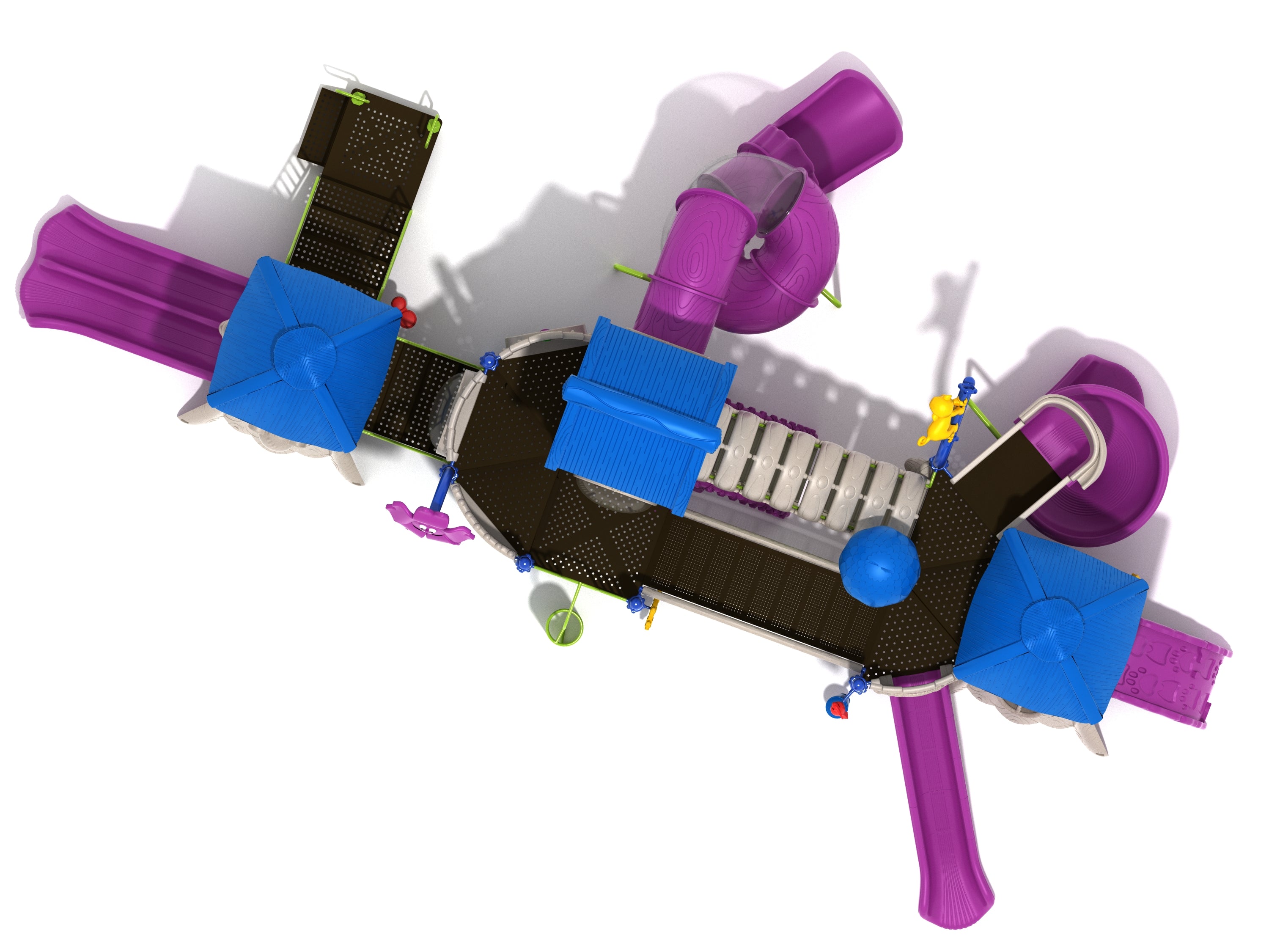 Overhead view of colorful playground with blue roofs, purple slides, climbing elements, and interactive jungle-themed panels