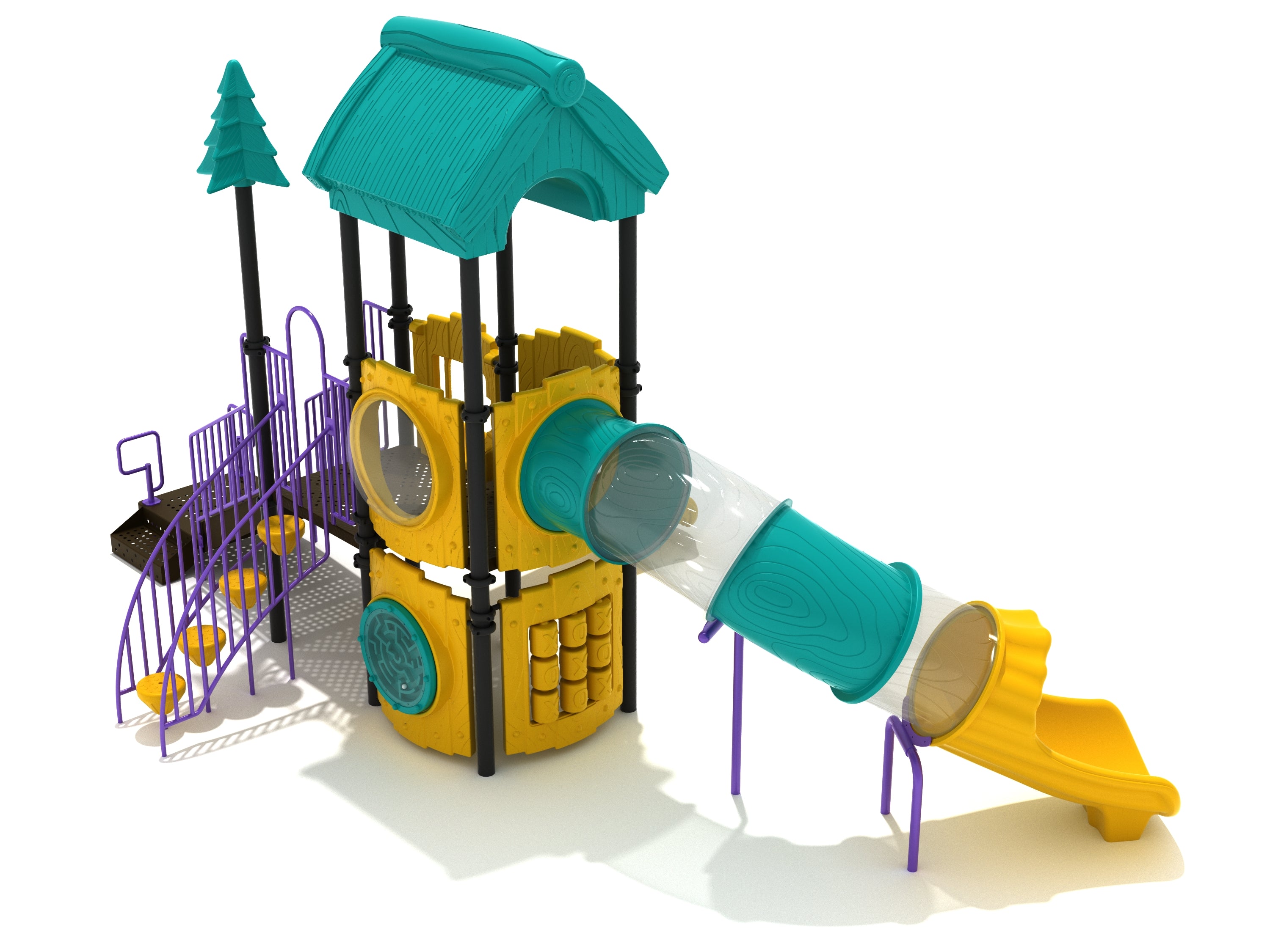 Colorful playground structure with wood-textured roof, tic-tac-toe and maze panels, pebble climber steps, and a clear tube slide