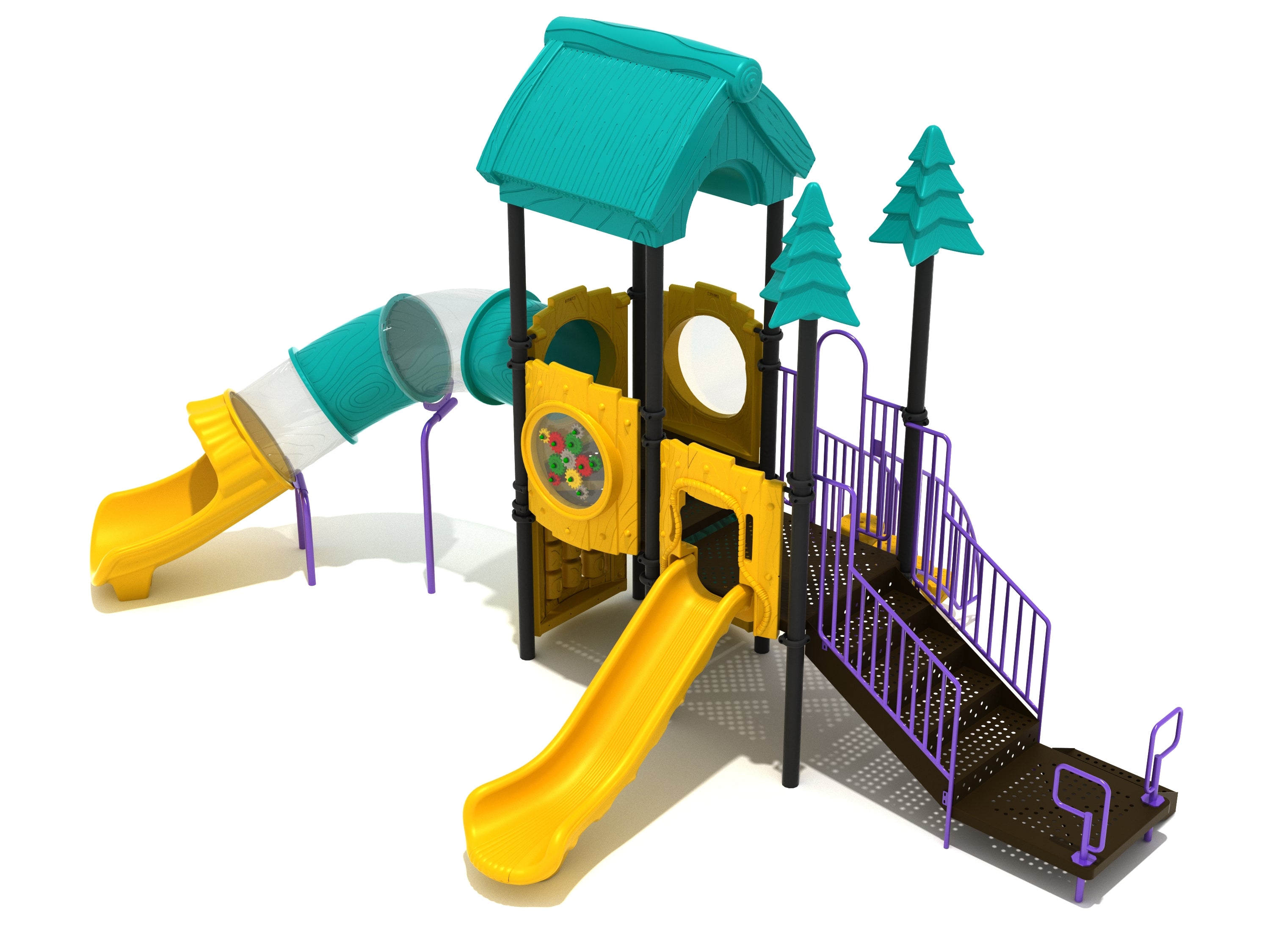 Gabbling Giraffe Playground with teal roof, yellow slides, purple railings, pine tree toppers, and interactive play panels