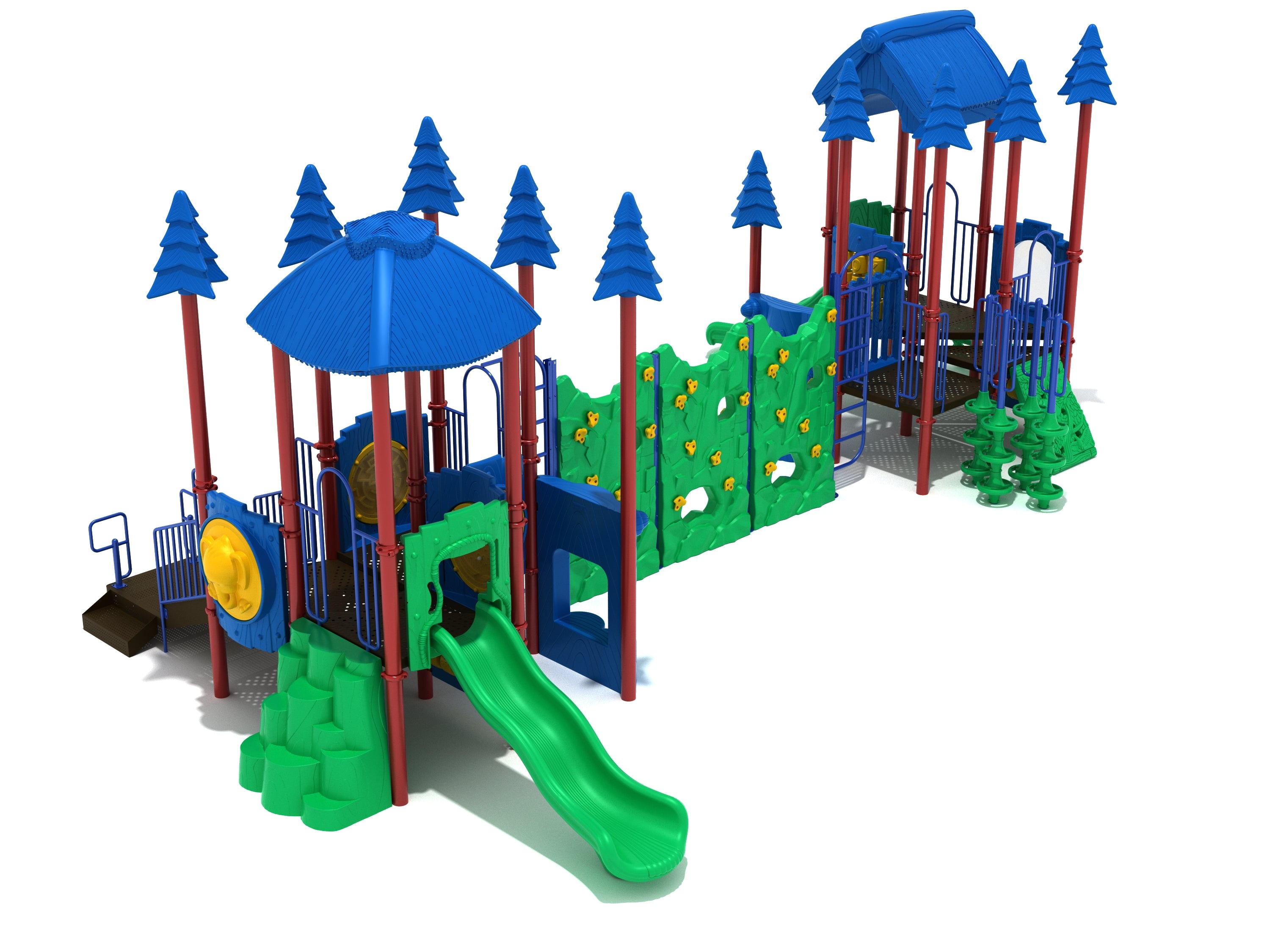 Finny Fish Playground with blue roofs, green slides, climbing walls, tree-like posts, and aquatic-themed play features