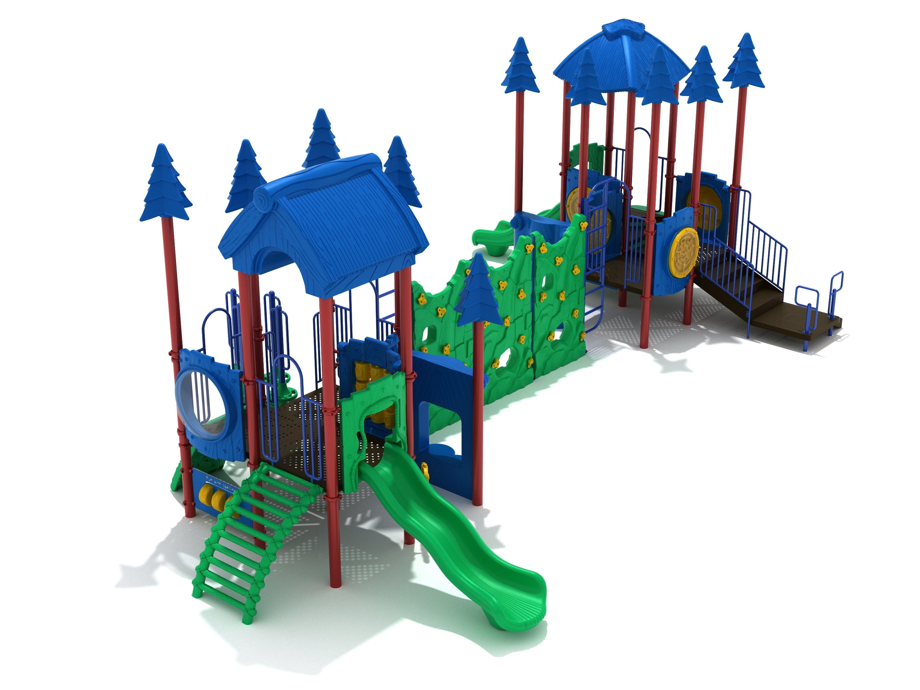 Blue and green aquatic-themed playground with two towers, slides, climbing walls, and tree-shaped roof accents