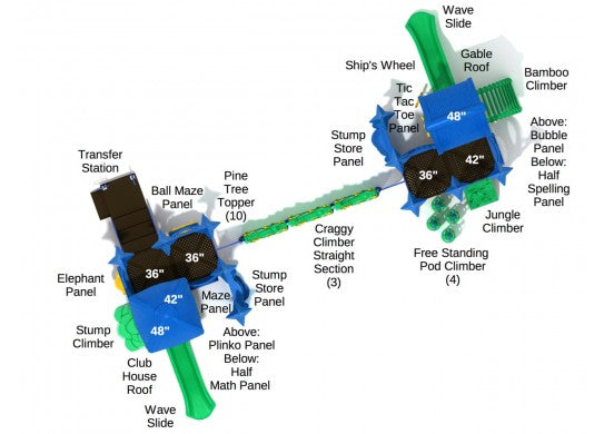 Overhead view of aquatic-themed playground with two blue-green towers connected by rocky climbers, slides, and activity panels