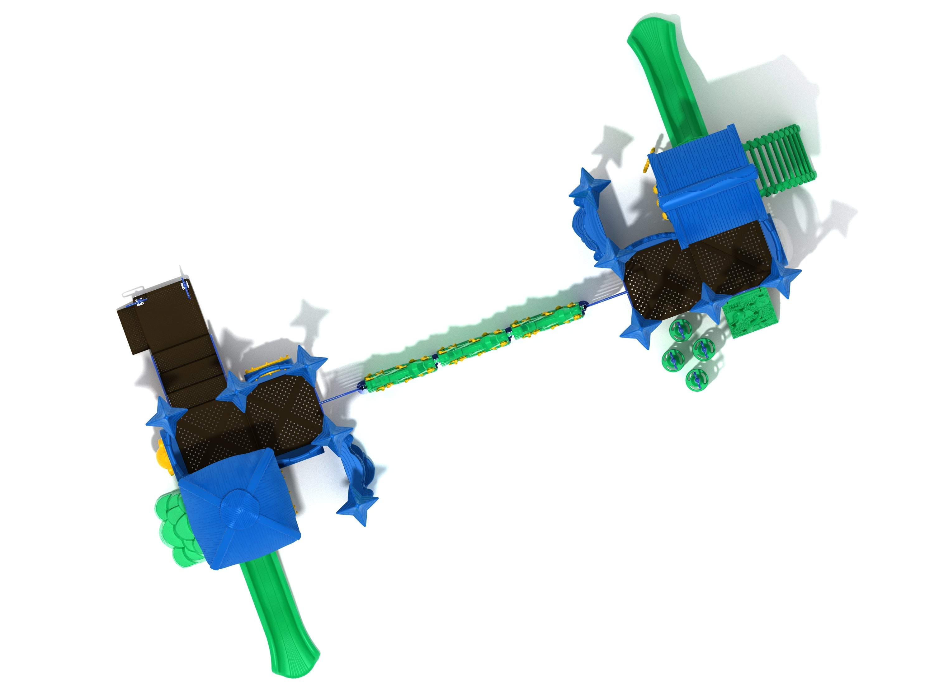 Overhead view of blue and green aquatic-themed playground with two towers, wave slides, craggy climbers, and connecting bridge