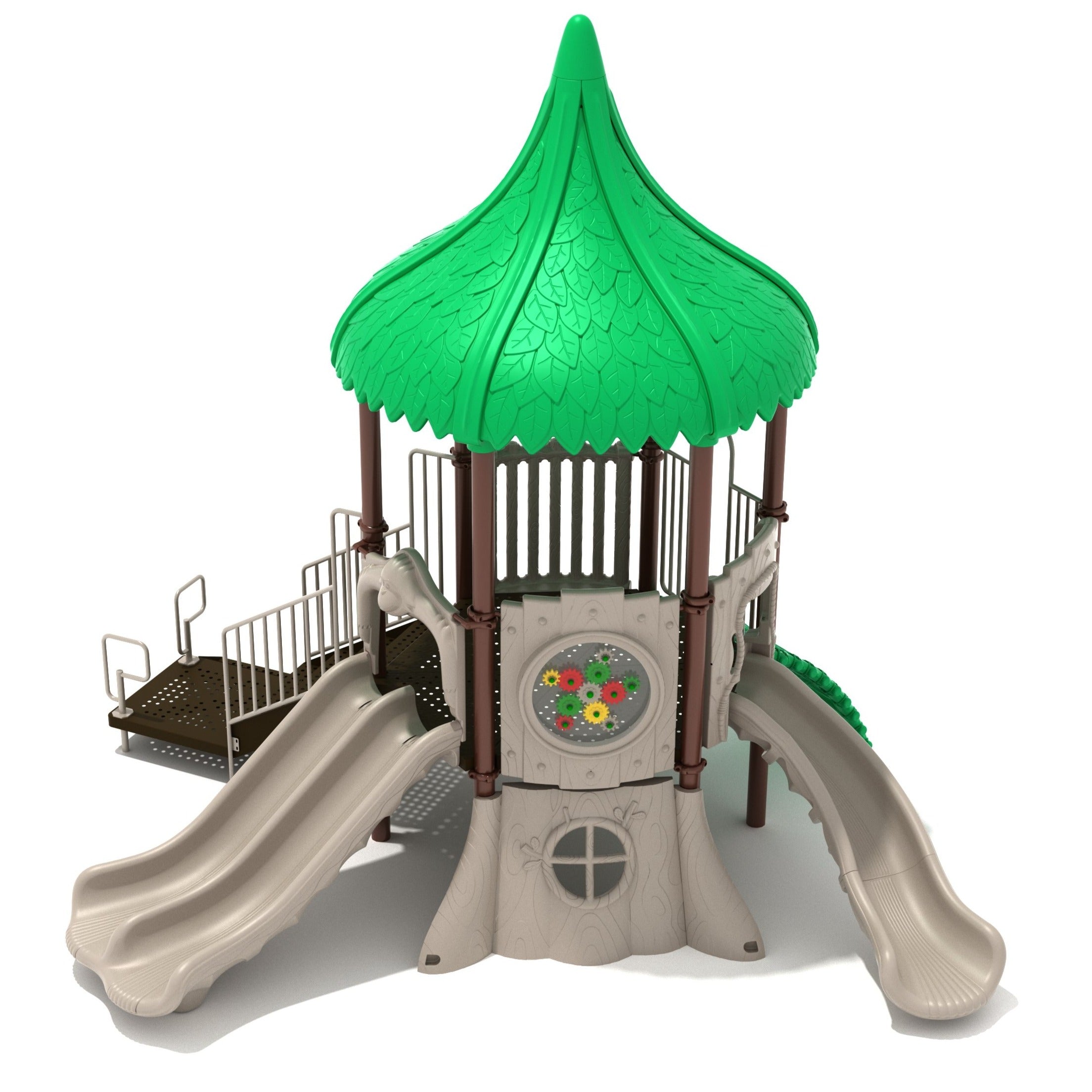 Hexagonal playground with green leaf-patterned roof, dual beige slides, colorful gear panel, and tree trunk base.