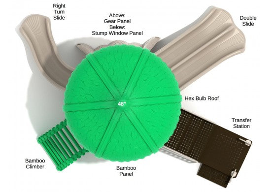 Overhead view of hexagonal playground with green textured roof, two beige slides, bamboo climber, gear panel, and stump window panel.