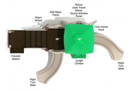 Overhead view of colorful playground with two curved slides, green clubhouse roof, climbing wall, and interactive play panels