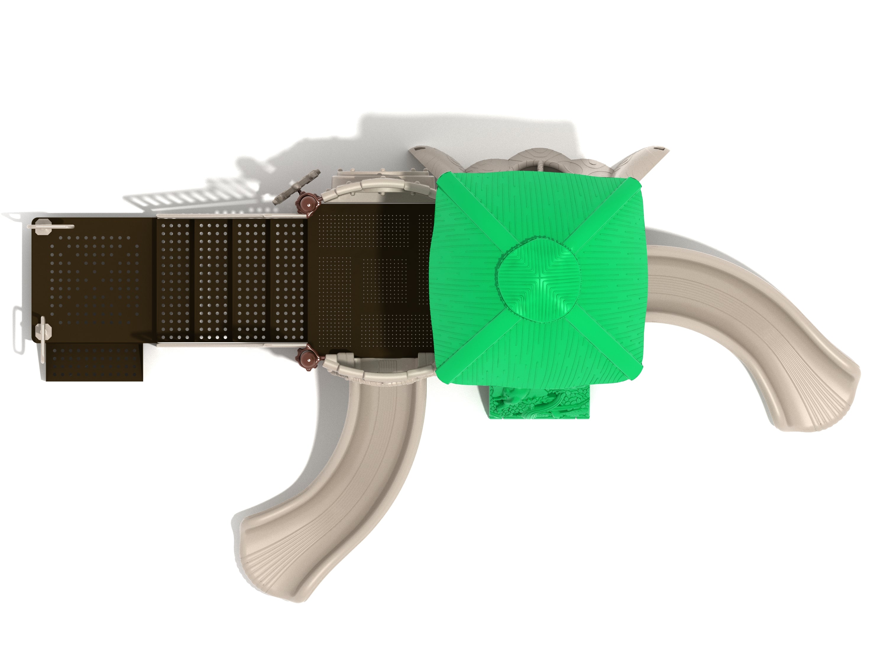 Overhead view of playground structure with green clubhouse roof, two beige slides, brown perforated platforms, and activity panels