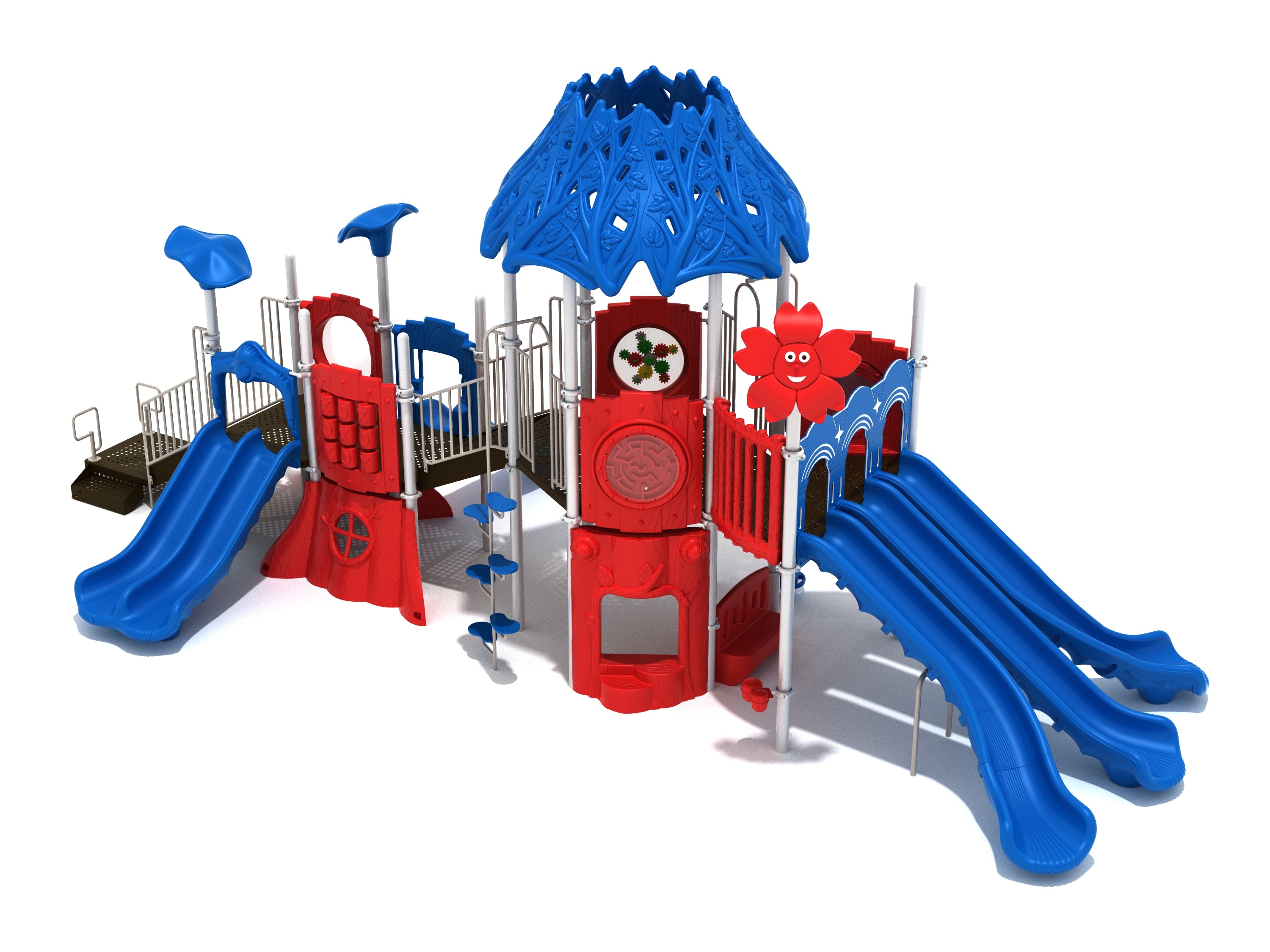 Icky Iguana Playground with red and blue triple racing slides, double slide, canopy, pod climber, and interactive play panels
